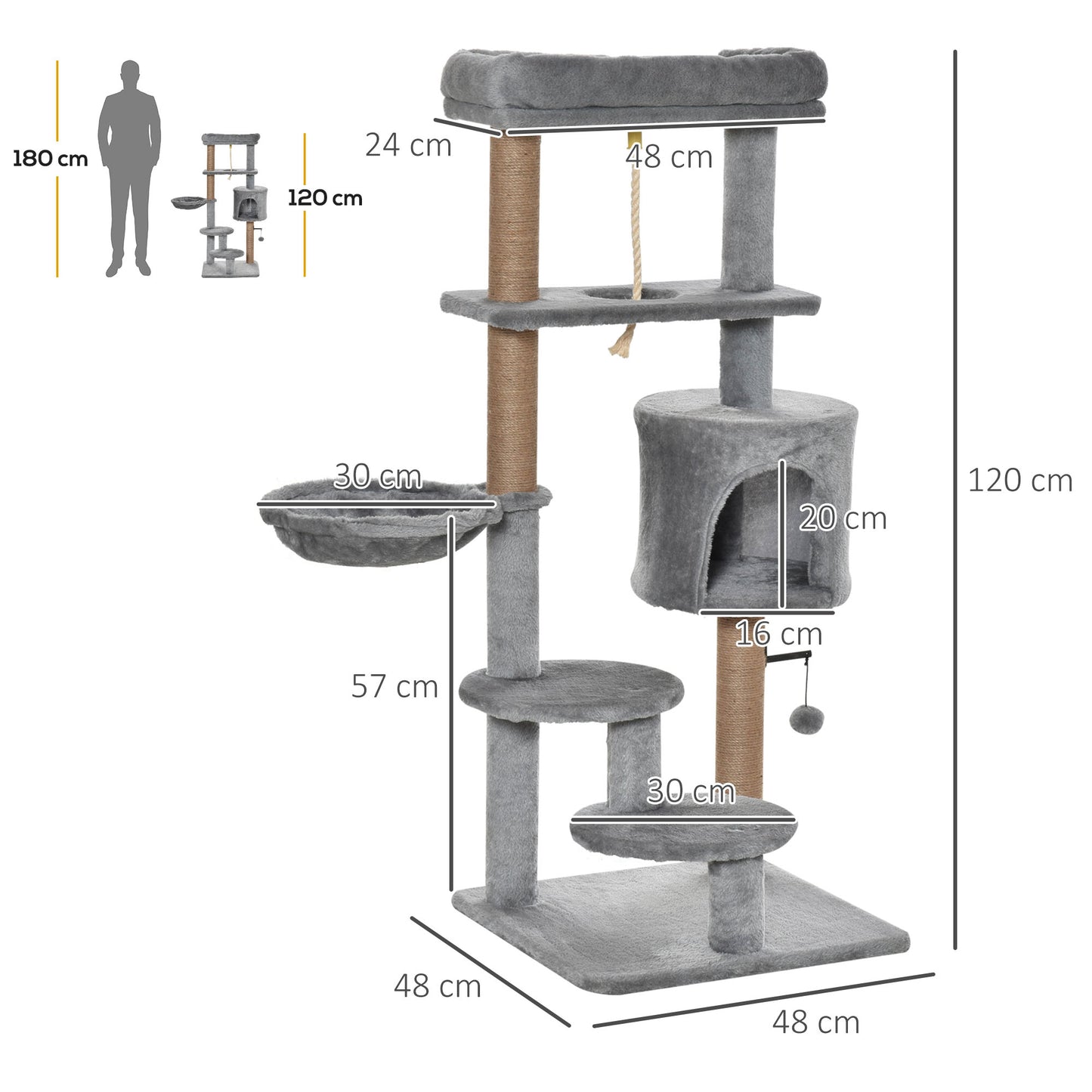 PawHut Árbol Rascador para Gatos Altura 120 cm Torre de Gatos con Plataformas Cueva Hamaca Postes de Yute Cuerda Divertida Bola Colgante 48x48x120 cm Gris