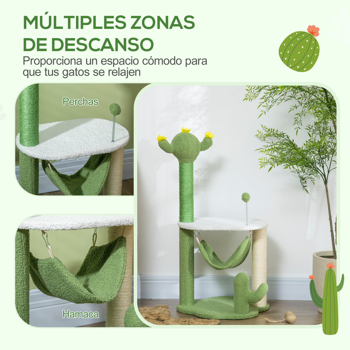 PawHut Árbol Rascador para Gatos con Forma de Cactus Altura 90 cm Torre para Gatos con Hamaca Plataforma Postes de Sisal y Bola Divertida 45x45x90 cm Verde