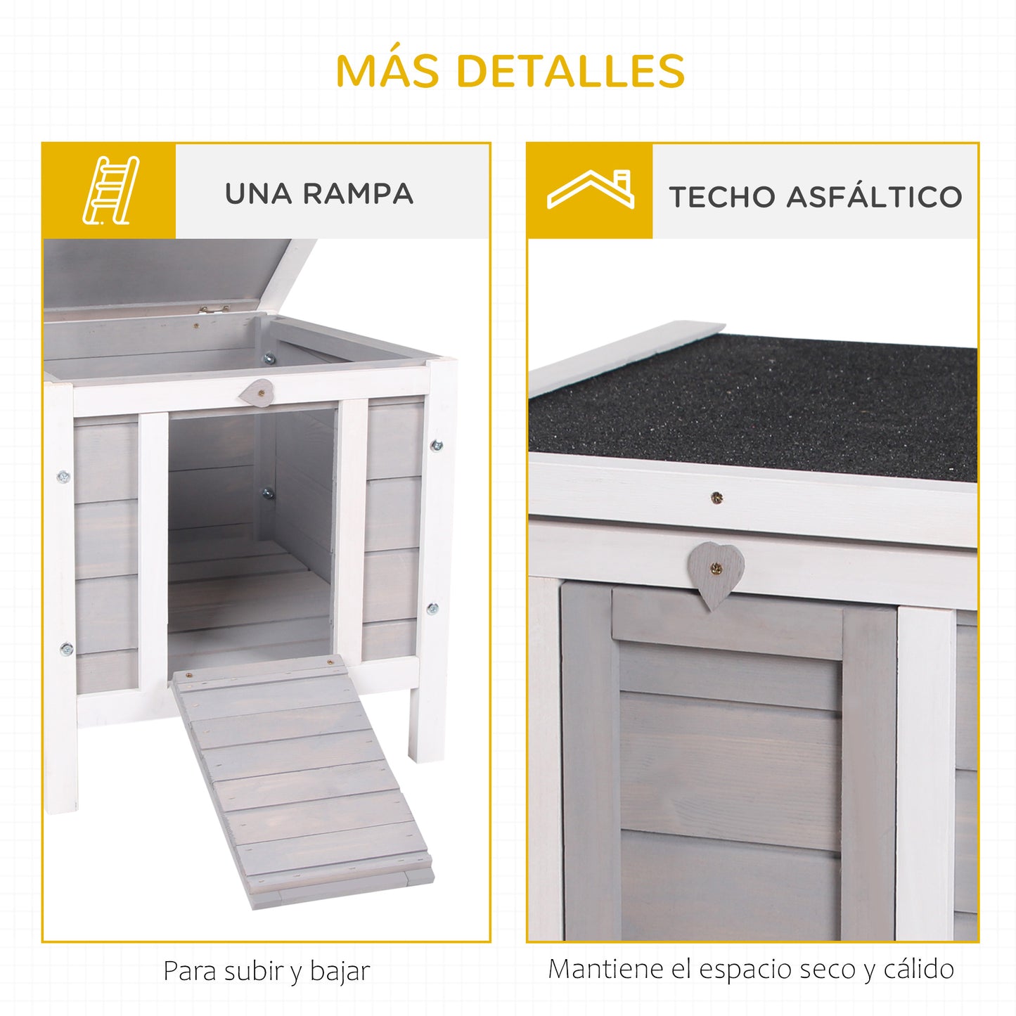 PawHut Conejera de Madera Exterior Jaula Caseta para Roedores Mascotas Pequeñas con Techo Asfáltico Abatible y Rampa Antideslizante 42x51x43 cm Gris