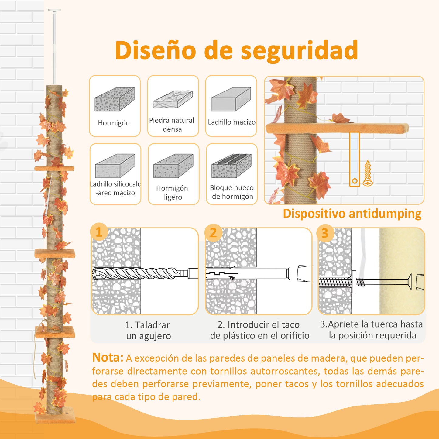 Pawhut Árbol para Gatos de Suelo a Techo de 202-242 cm Torre para Gatos con 3 Plataformas Postes Rascadores Altura Ajustable y Decoración de Hoja de Arce Naranja