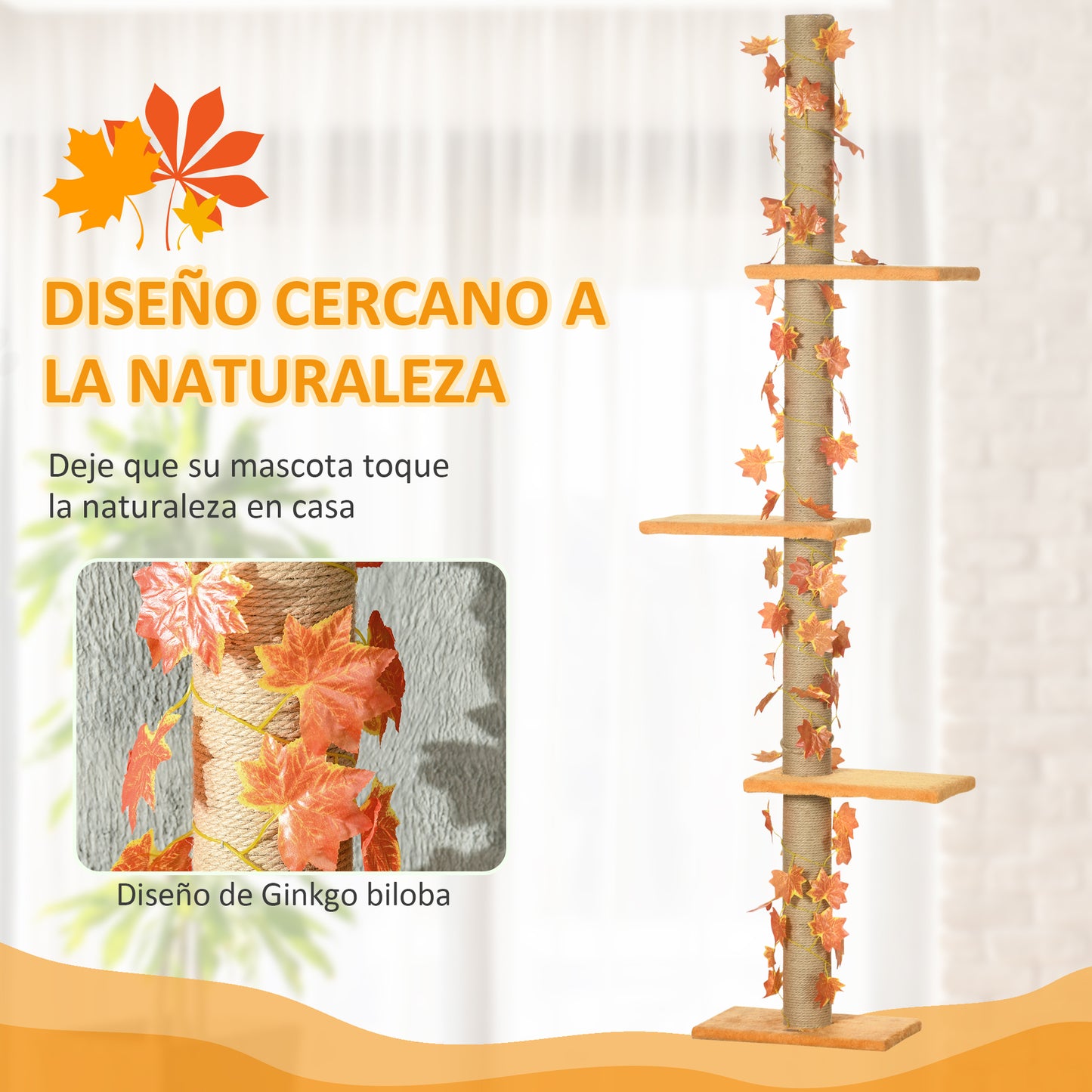 Pawhut Árbol para Gatos de Suelo a Techo de 202-242 cm Torre para Gatos con 3 Plataformas Postes Rascadores Altura Ajustable y Decoración de Hoja de Arce Naranja