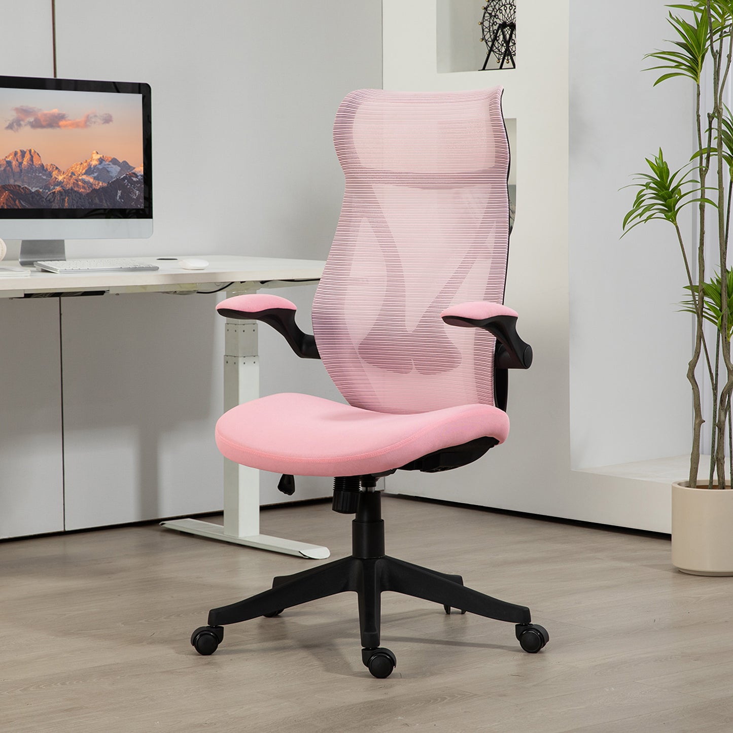 HOMCOM Silla de Escritorio de Malla Silla de Oficina Giratoria con Altura Ajustable Reposabrazos Abatibles y Función de Basculante Silla para Estudio Carga 120 kg Rosa