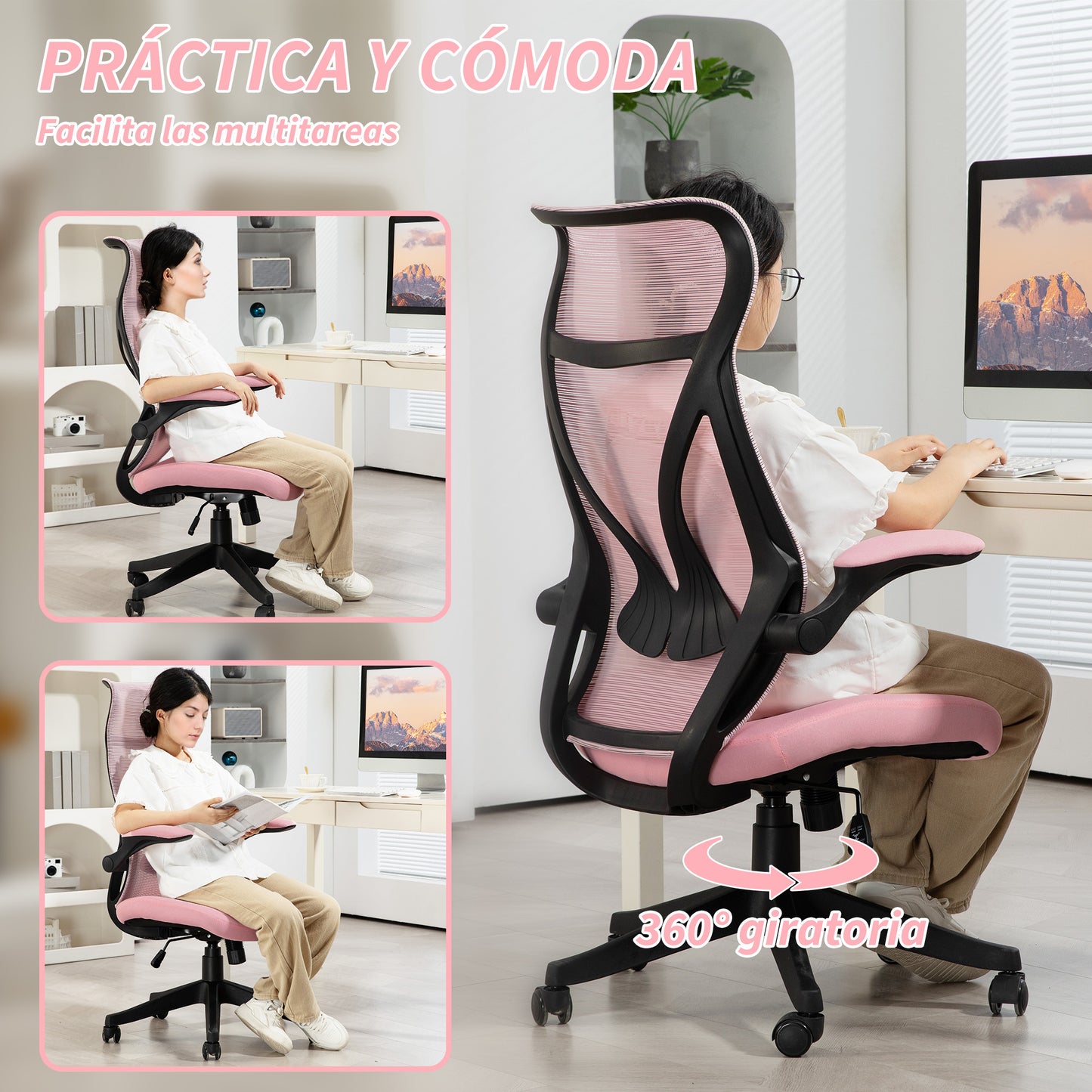 HOMCOM Silla de Escritorio de Malla Silla de Oficina Giratoria con Altura Ajustable Reposabrazos Abatibles y Función de Basculante Silla para Estudio Carga 120 kg Rosa