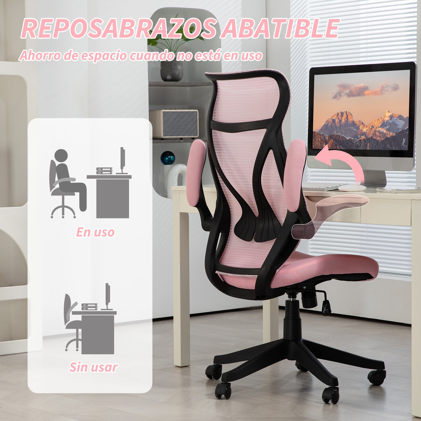 HOMCOM Silla de Escritorio de Malla Silla de Oficina Giratoria con Altura Ajustable Reposabrazos Abatibles y Función de Basculante Silla para Estudio Carga 120 kg Rosa