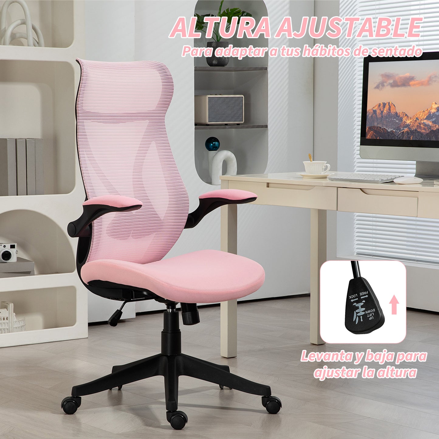 HOMCOM Silla de Escritorio de Malla Silla de Oficina Giratoria con Altura Ajustable Reposabrazos Abatibles y Función de Basculante Silla para Estudio Carga 120 kg Rosa