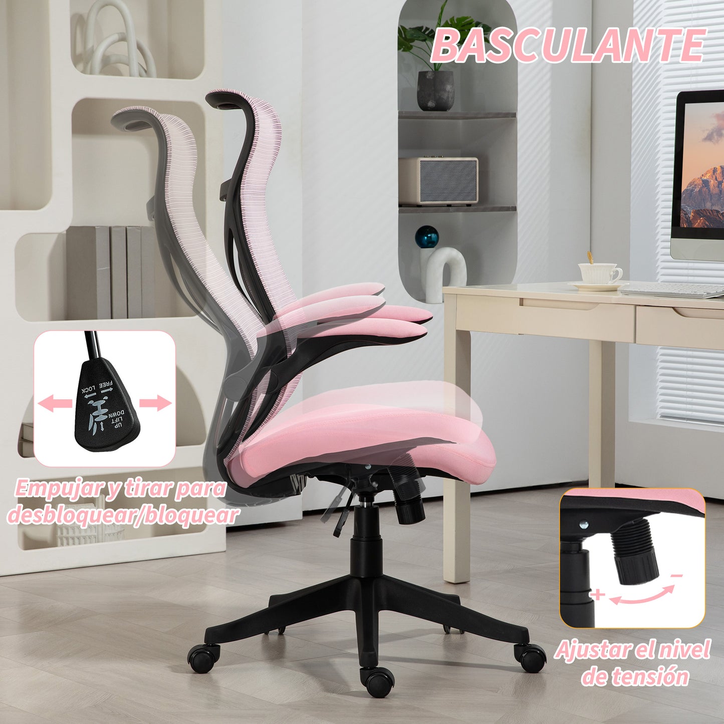 HOMCOM Silla de Escritorio de Malla Silla de Oficina Giratoria con Altura Ajustable Reposabrazos Abatibles y Función de Basculante Silla para Estudio Carga 120 kg Rosa