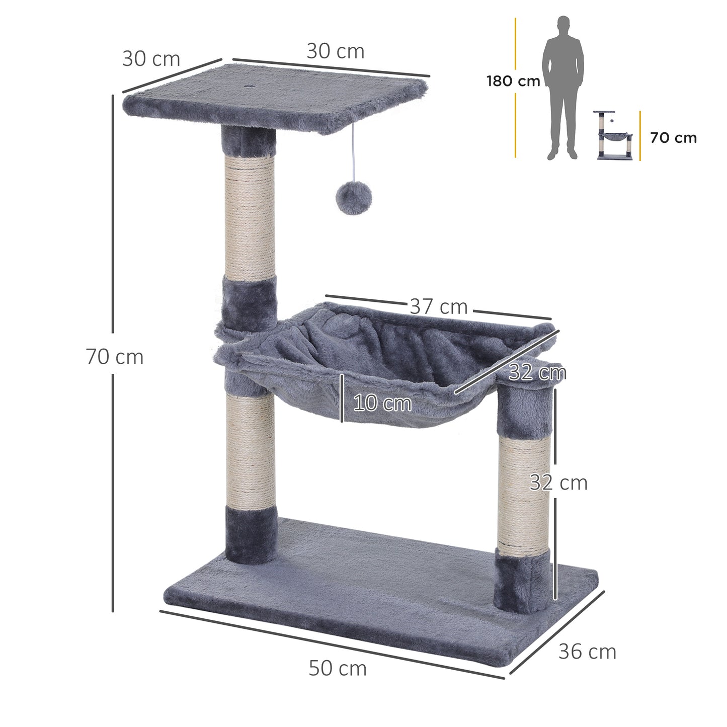 PawHut Árbol Rascador para Gatos Torre para Gatos 50x36x70 cm Centro de Actividad con Hamaca Plataforma Postes de Sisal y Bola Colgante Gris