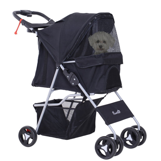 PawHut Carrito para Perros Plegable Cochecito para Mascotas Carrito para Perros Pequeños con Toldo Ajustable Cesta de Almacenaje 2 Ruedas Universales y Marco de Acero 75x46x94 cm Negro