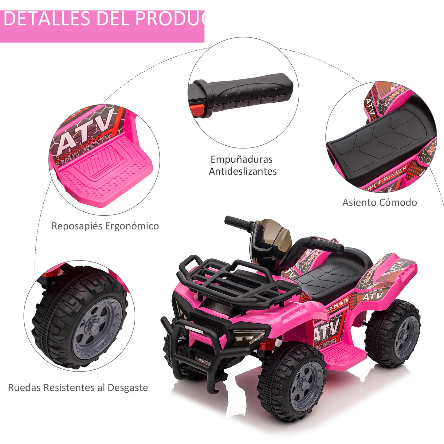 HOMCOM Quad Eléctrico para Niños de +18 Meses Vehículo Eléctrico a Batería 6V Infantil con Velocidad de 2 km/h y Avance 70x42x45 cm Rosa