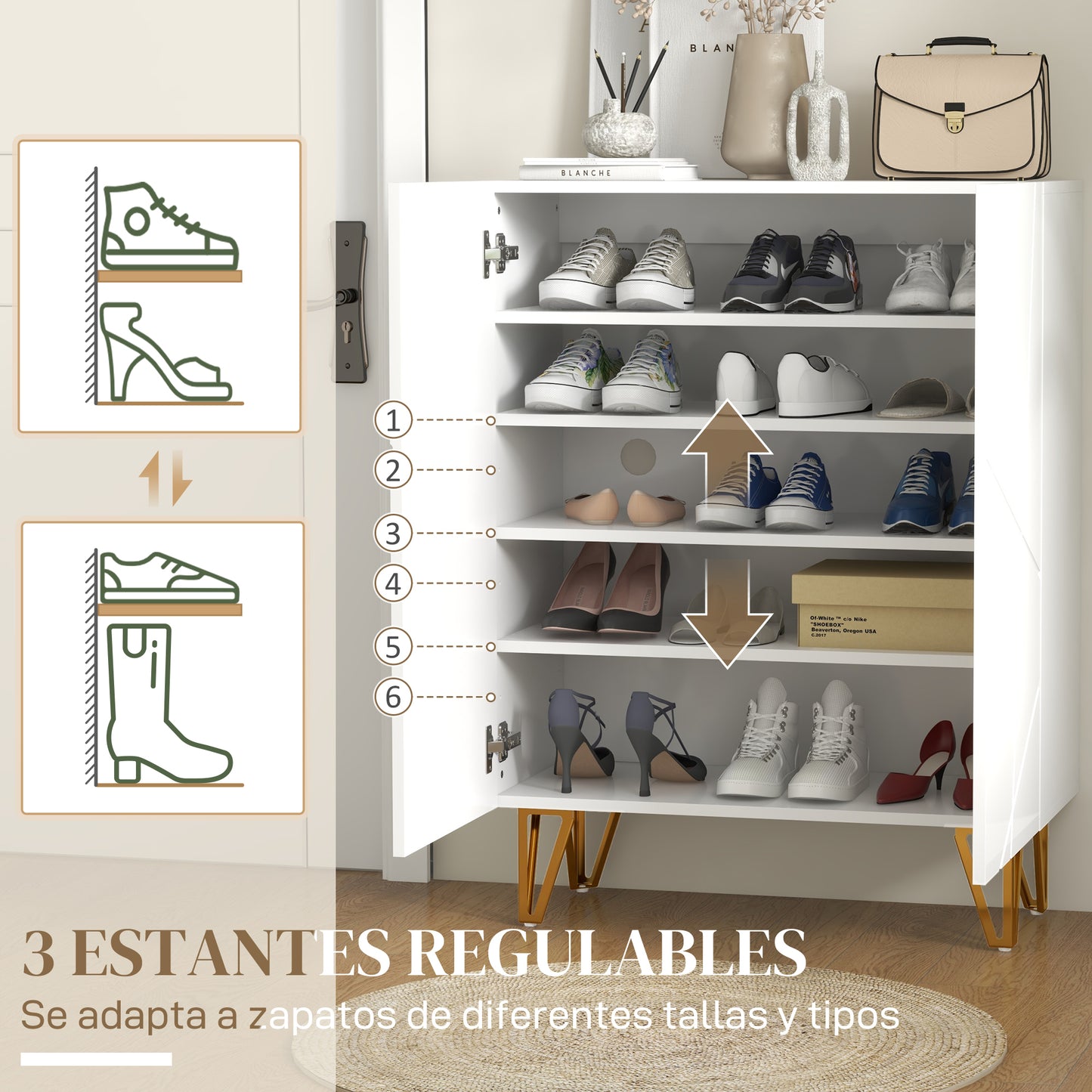 HOMCOM Mueble Zapatero de Recibidor Armario Zapatero con Estantes Ajustables Bisagras de Cierre Suave para 15-20 Pares de Zapatos para Pasillo Entrada 72x31,5x95 cm Blanco Brillante