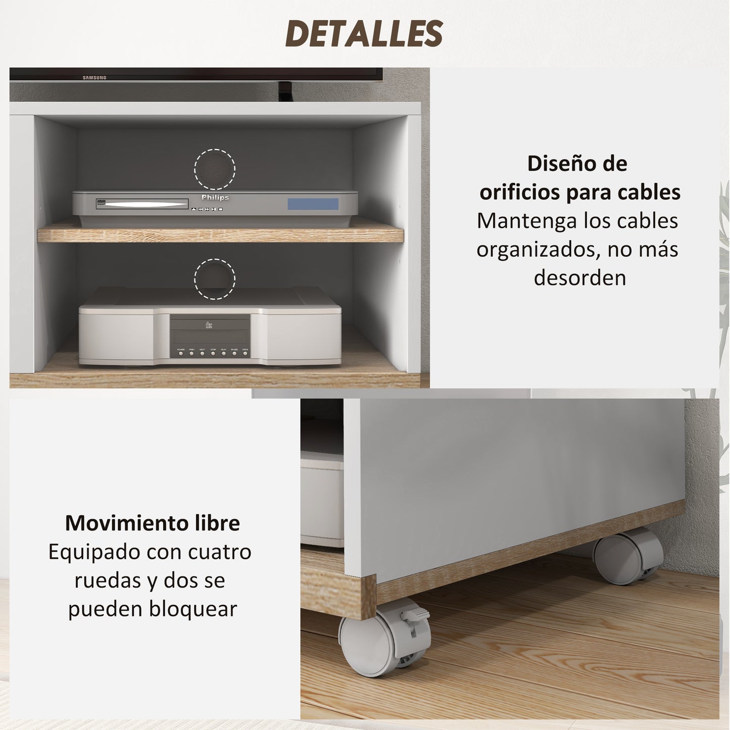 HOMCOM Mueble TV de Salón Moderno con Ruedas Mesa para Televisores de 42 Pulgadas Módulo TV con 1 Puerta y 2 Estantes de Almacenamiento 80x45x39,5 cm Blanco