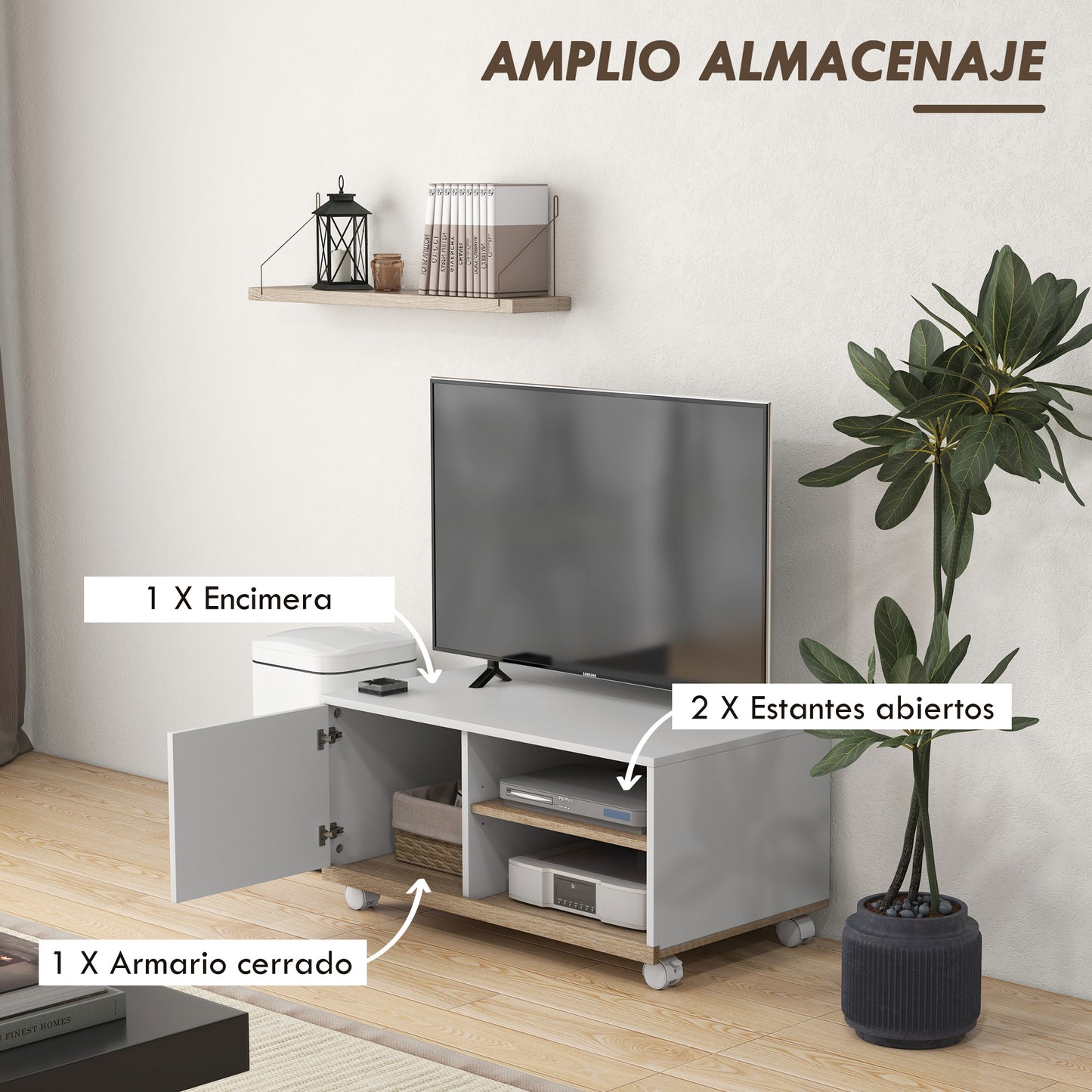 HOMCOM Mueble TV de Salón Moderno con Ruedas Mesa para Televisores de 42 Pulgadas Módulo TV con 1 Puerta y 2 Estantes de Almacenamiento 80x45x39,5 cm Blanco