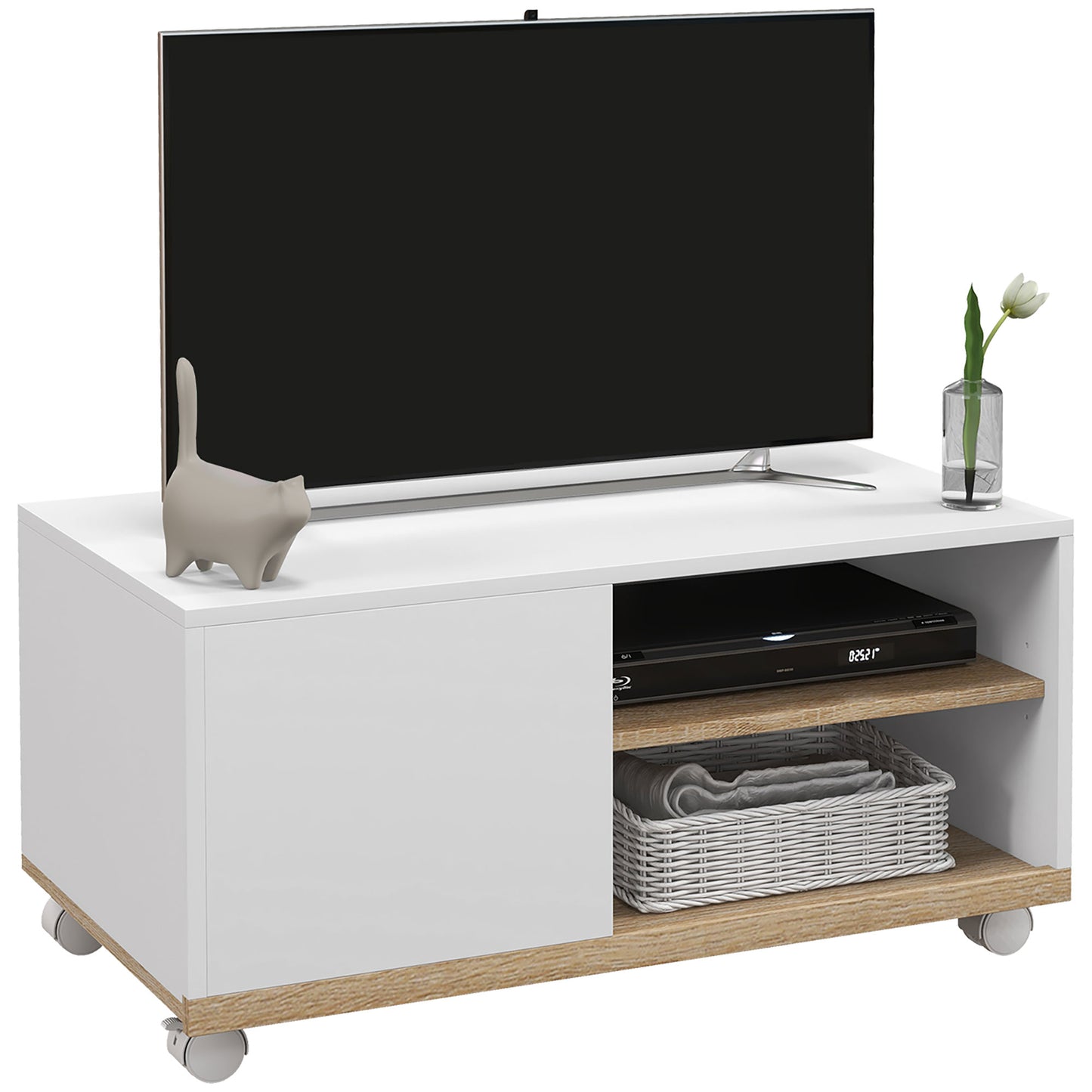 HOMCOM Mueble TV de Salón Moderno con Ruedas Mesa para Televisores de 42 Pulgadas Módulo TV con 1 Puerta y 2 Estantes de Almacenamiento 80x45x39,5 cm Blanco