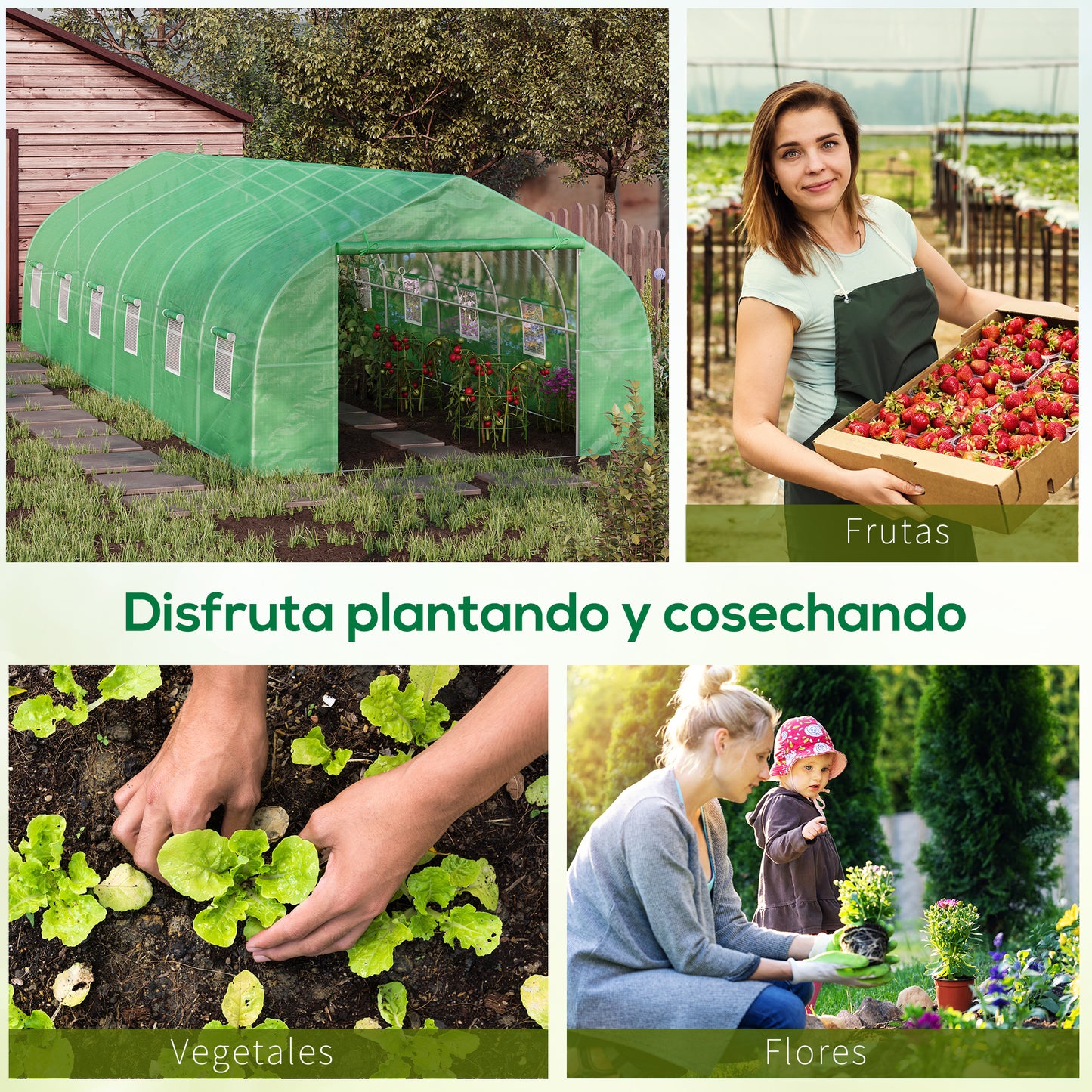 Outsunny Invernadero de Exterior Invernadero de Túnel 8x3x2 m Invernadero de Jardín con 12 Ventanas y Puerta Enrollable para Cultivo Plantas Tomates Verduras Acero y PE 140 g/m² Verde