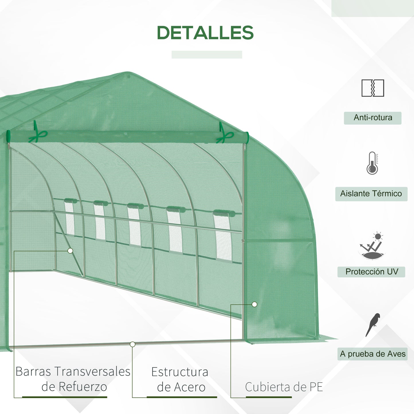 Outsunny Invernadero de Exterior Invernadero de Túnel 8x3x2 m Invernadero de Jardín con 12 Ventanas y Puerta Enrollable para Cultivo Plantas Tomates Verduras Acero y PE 140 g/m² Verde