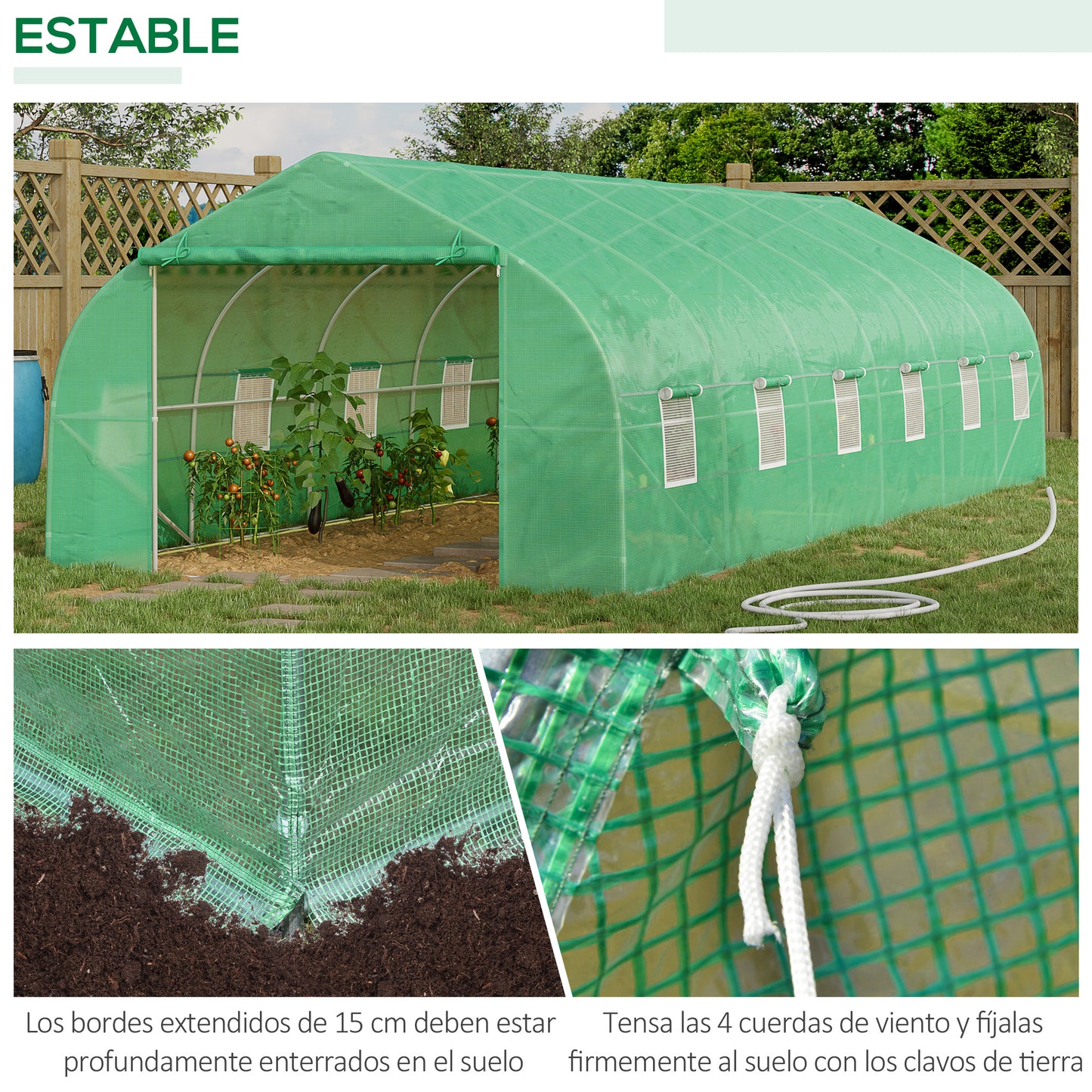 Outsunny Invernadero de Exterior Invernadero de Túnel 8x3x2 m Invernadero de Jardín con 12 Ventanas y Puerta Enrollable para Cultivo Plantas Tomates Verduras Acero y PE 140 g/m² Verde