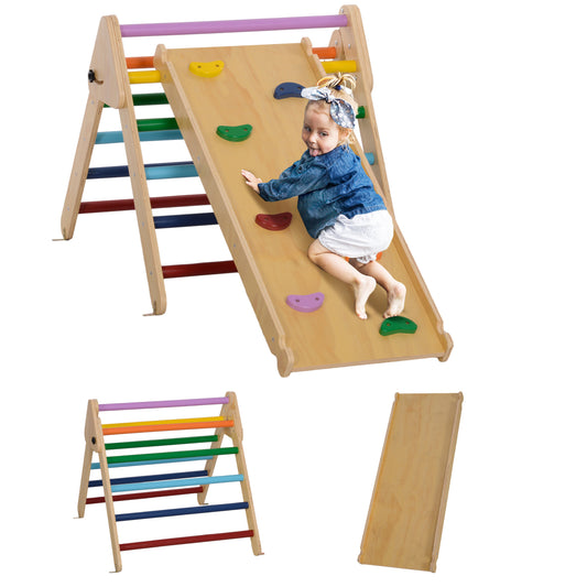 AIYAPLAY Triángulo de Escalada de Madera 3 en 1 Escalada para Niños de 18-48 Meses con Rampa para Deslizarse o Escalar 147x64,5 cm Multicolor