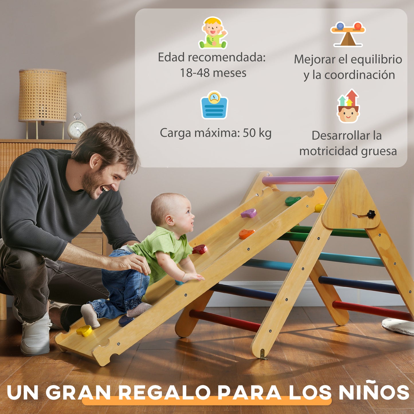 AIYAPLAY Triángulo de Escalada de Madera 3 en 1 Escalada para Niños de 18-48 Meses con Rampa para Deslizarse o Escalar 147x64,5 cm Multicolor