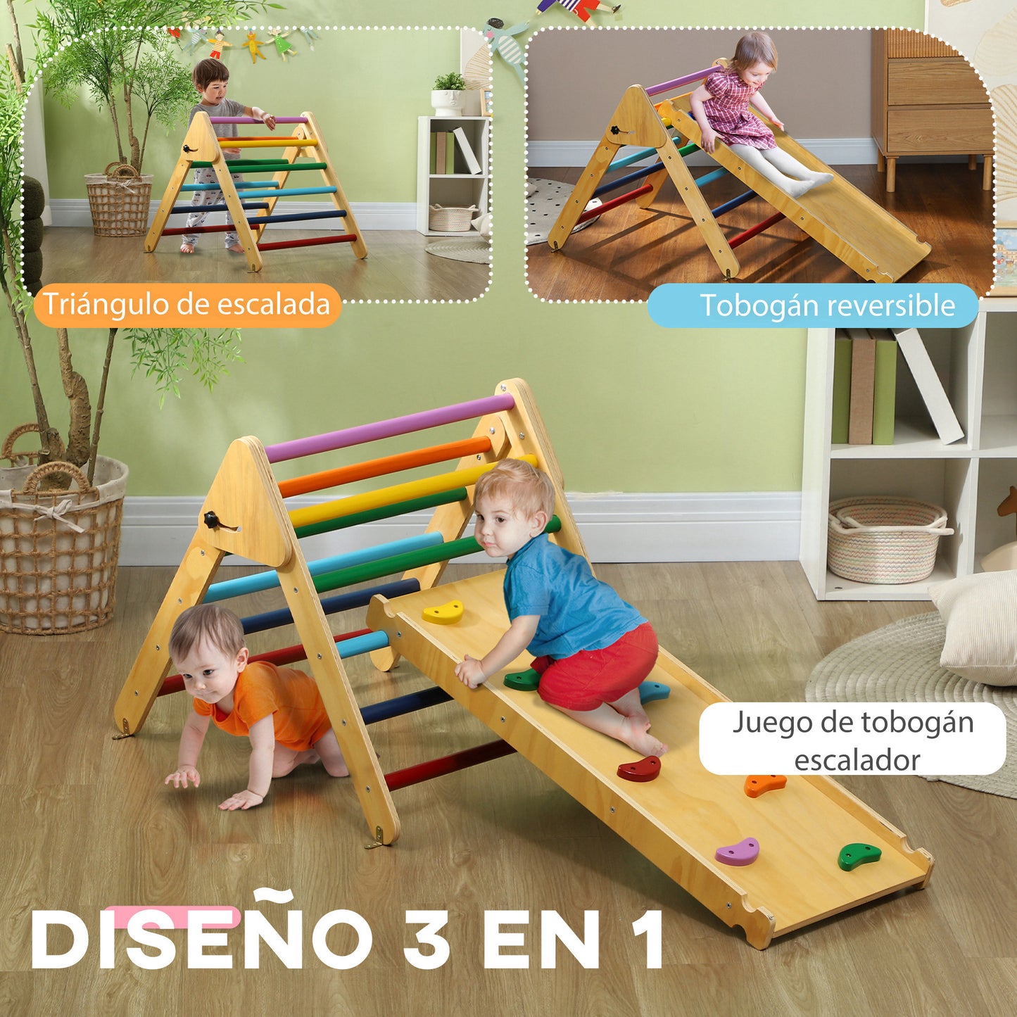 AIYAPLAY Triángulo de Escalada de Madera 3 en 1 Escalada para Niños de 18-48 Meses con Rampa para Deslizarse o Escalar 147x64,5 cm Multicolor