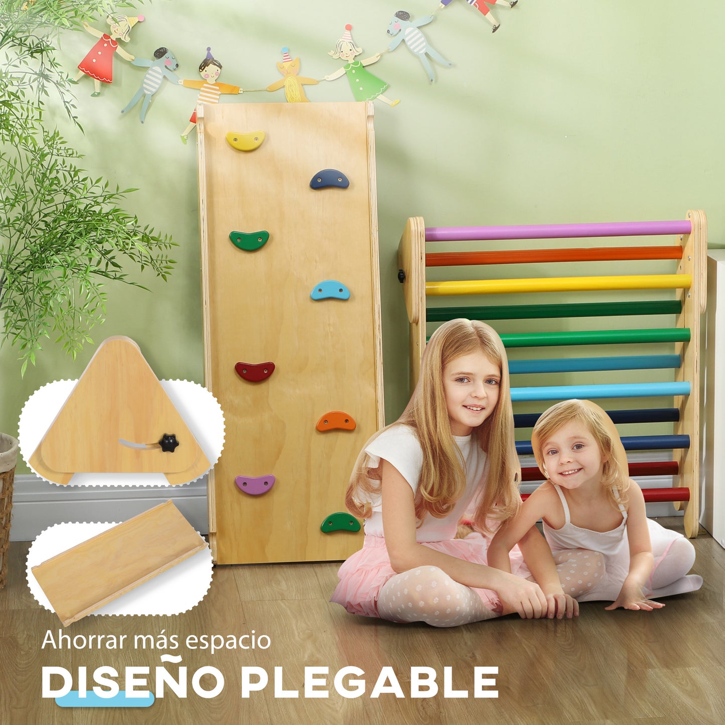 AIYAPLAY Triángulo de Escalada de Madera 3 en 1 Escalada para Niños de 18-48 Meses con Rampa para Deslizarse o Escalar 147x64,5 cm Multicolor