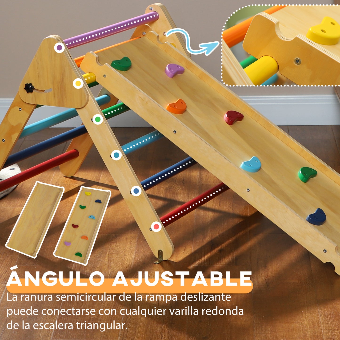 AIYAPLAY Triángulo de Escalada de Madera 3 en 1 Escalada para Niños de 18-48 Meses con Rampa para Deslizarse o Escalar 147x64,5 cm Multicolor