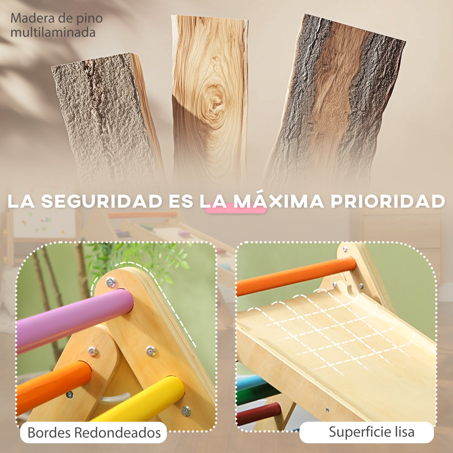 AIYAPLAY Triángulo de Escalada de Madera 3 en 1 Escalada para Niños de 18-48 Meses con Rampa para Deslizarse o Escalar 147x64,5 cm Multicolor