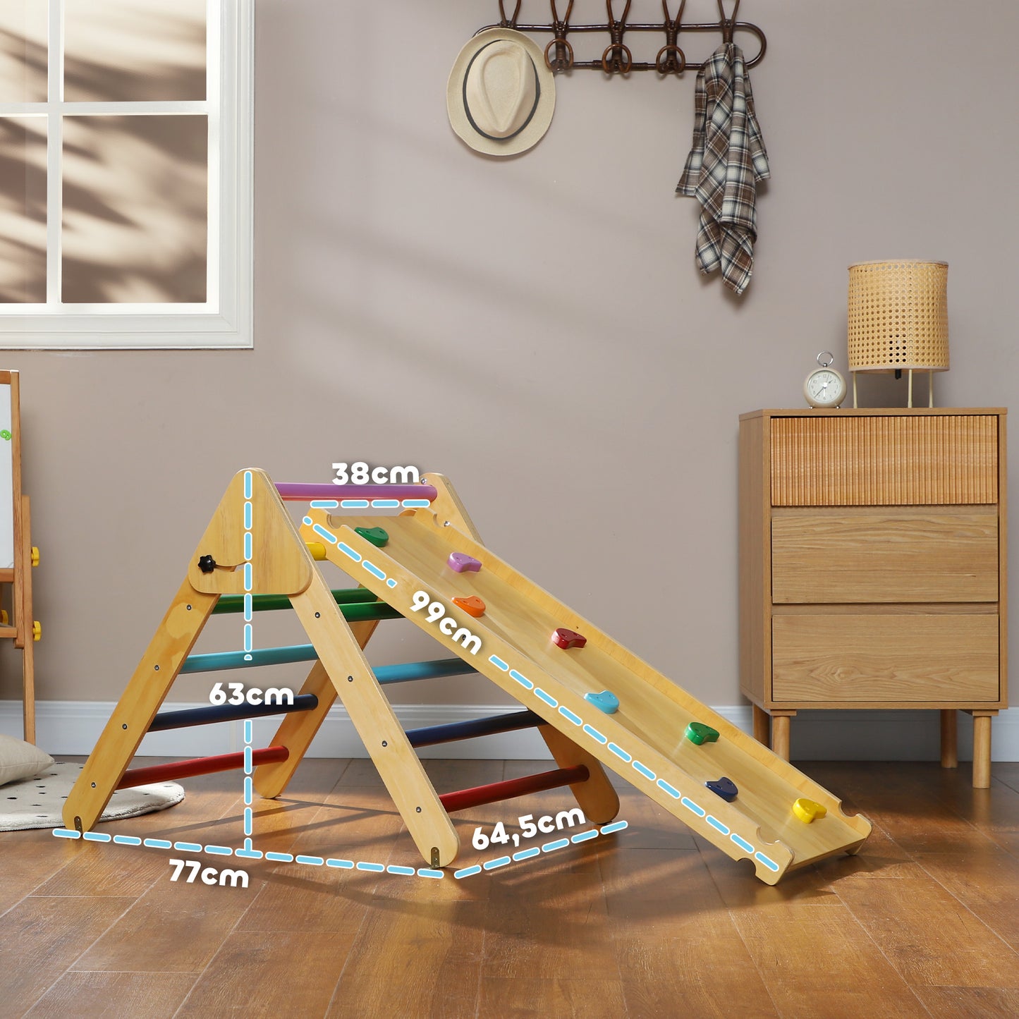 AIYAPLAY Triángulo de Escalada de Madera 3 en 1 Escalada para Niños de 18-48 Meses con Rampa para Deslizarse o Escalar 147x64,5 cm Multicolor