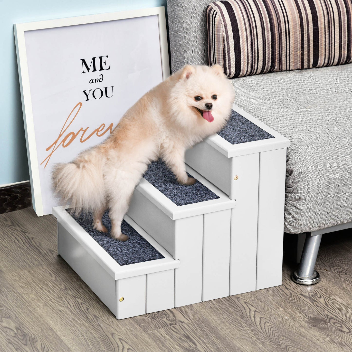 PawHut Escalera para Mascotas 3 Peldaños con Espacio de Almacenaje y Alfombra Antideslizantes Portátil Madera para Vehículo Carga 30 kg 40,5x44,5x38 cm Blanco