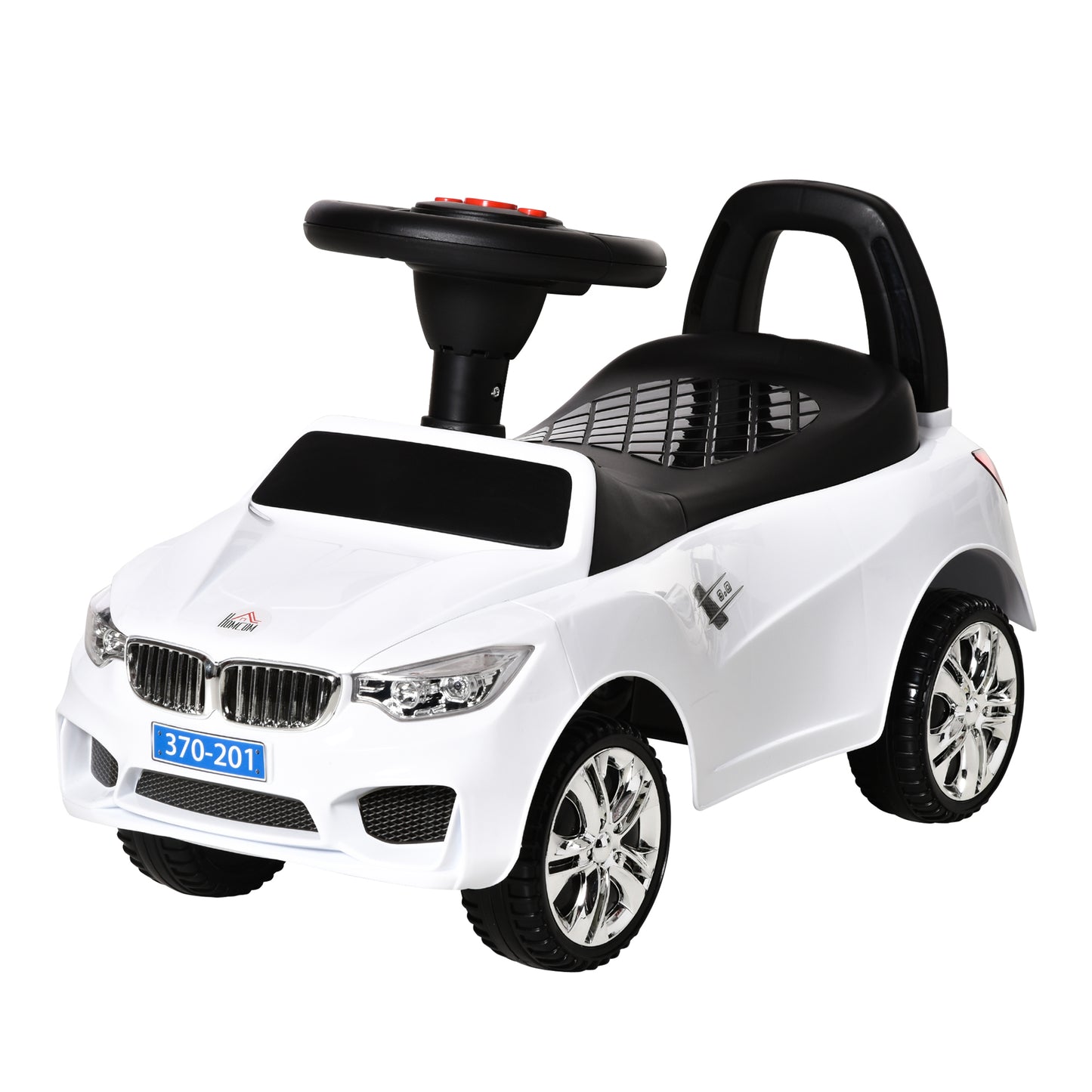 HOMCOM Coche Correpasillos para Niños de 18-36 Meses con Faros Música Bocina Volante Espacio de Almacenaje y Asa para Empujar 63,5x28x36 cm Blanco