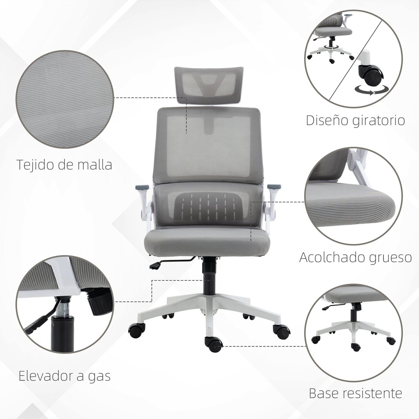 Vinsetto Silla de Oficina de Malla con Función de Basculante Silla de Escritorio Giratorio Altura Reposacabezas Ajustable y Reposabrazos Carga 120 kg para Estudio 58x61x102-119 cm Gris