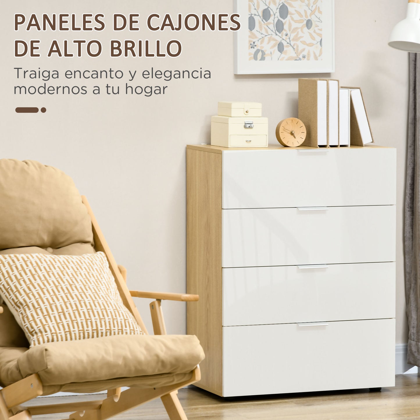 HOMCOM Cómoda con 4 Cajones de Alto Brillo Cajonera de Madera para Dormitorio Salón Oficina Estilo Moderno 70x35x92 cm Blanco y Natural