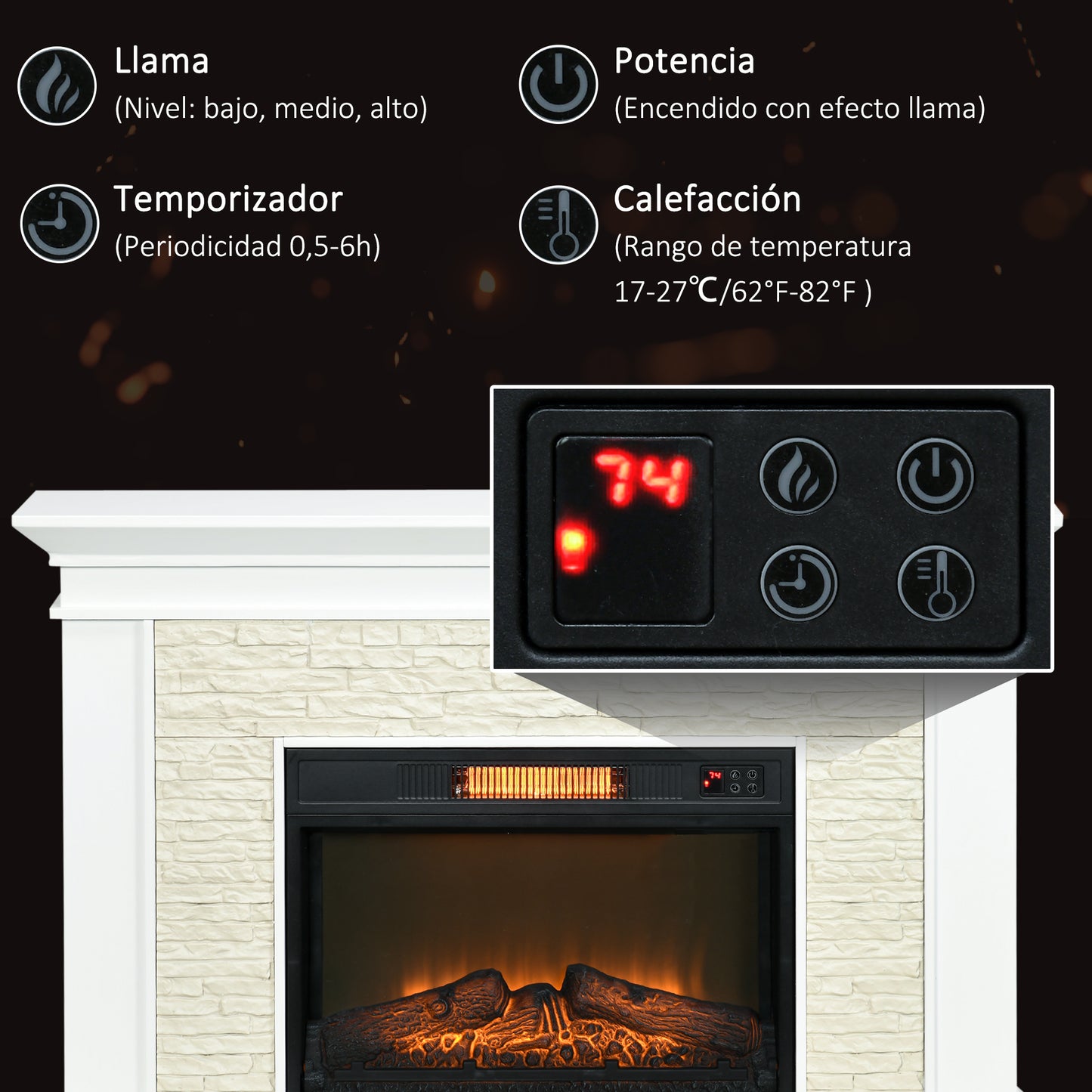 HOMCOM Chimenea Eléctrica con Calefacción 1800W Chimenea Decorativa Bajo Consumo Efecto de Llama Control Remoto Temporizador Semanal y Protección Sobrecalentamiento hasta 30 m² 120x24x80 cm Blanco