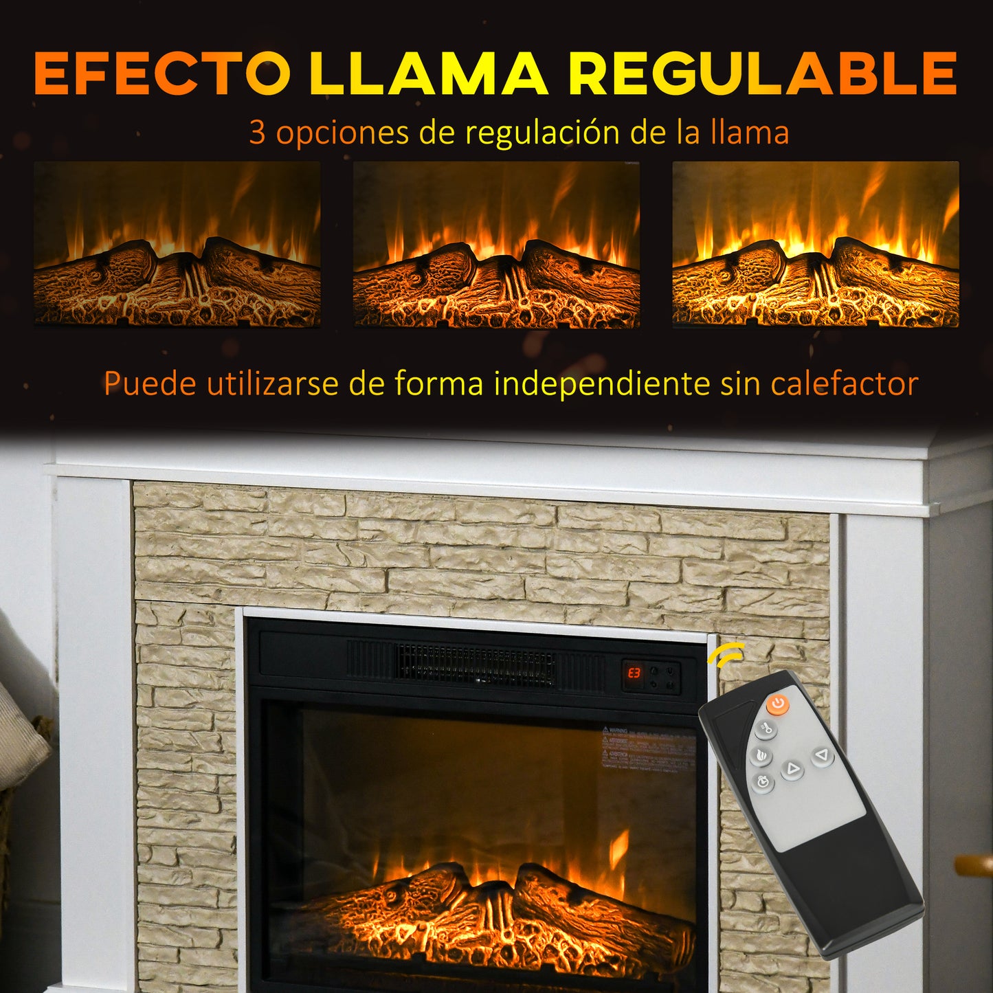 HOMCOM Chimenea Eléctrica con Calefacción 1800W Chimenea Decorativa Bajo Consumo Efecto de Llama Control Remoto Temporizador Semanal y Protección Sobrecalentamiento hasta 30 m² 120x24x80 cm Blanco