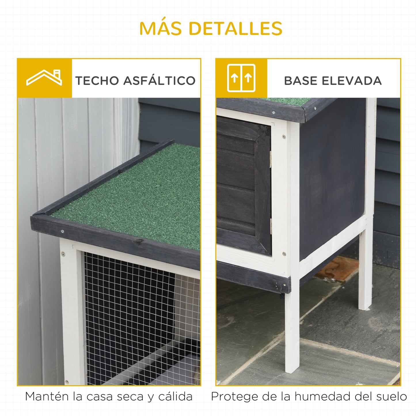 PawHut Conejera de Madera Exterior Jaula Elevada para Conejos Cobayas Animales Pequeños con Techo Asfáltico Abatible Bandejas Extraíbles y Puerta con Pestillo 90x45x65 cm Negro