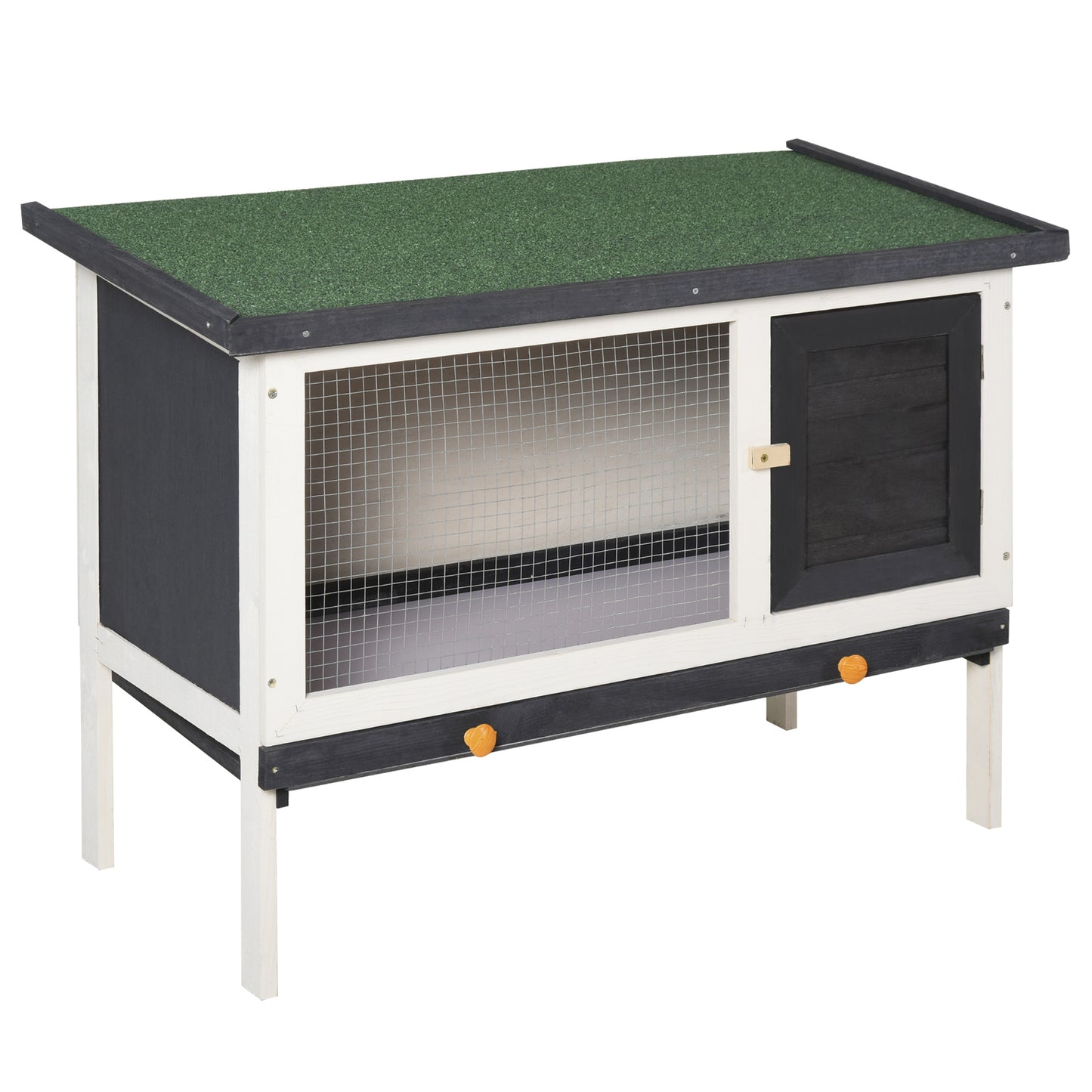 PawHut Conejera de Madera Exterior Jaula Elevada para Conejos Cobayas Animales Pequeños con Techo Asfáltico Abatible Bandejas Extraíbles y Puerta con Pestillo 90x45x65 cm Negro