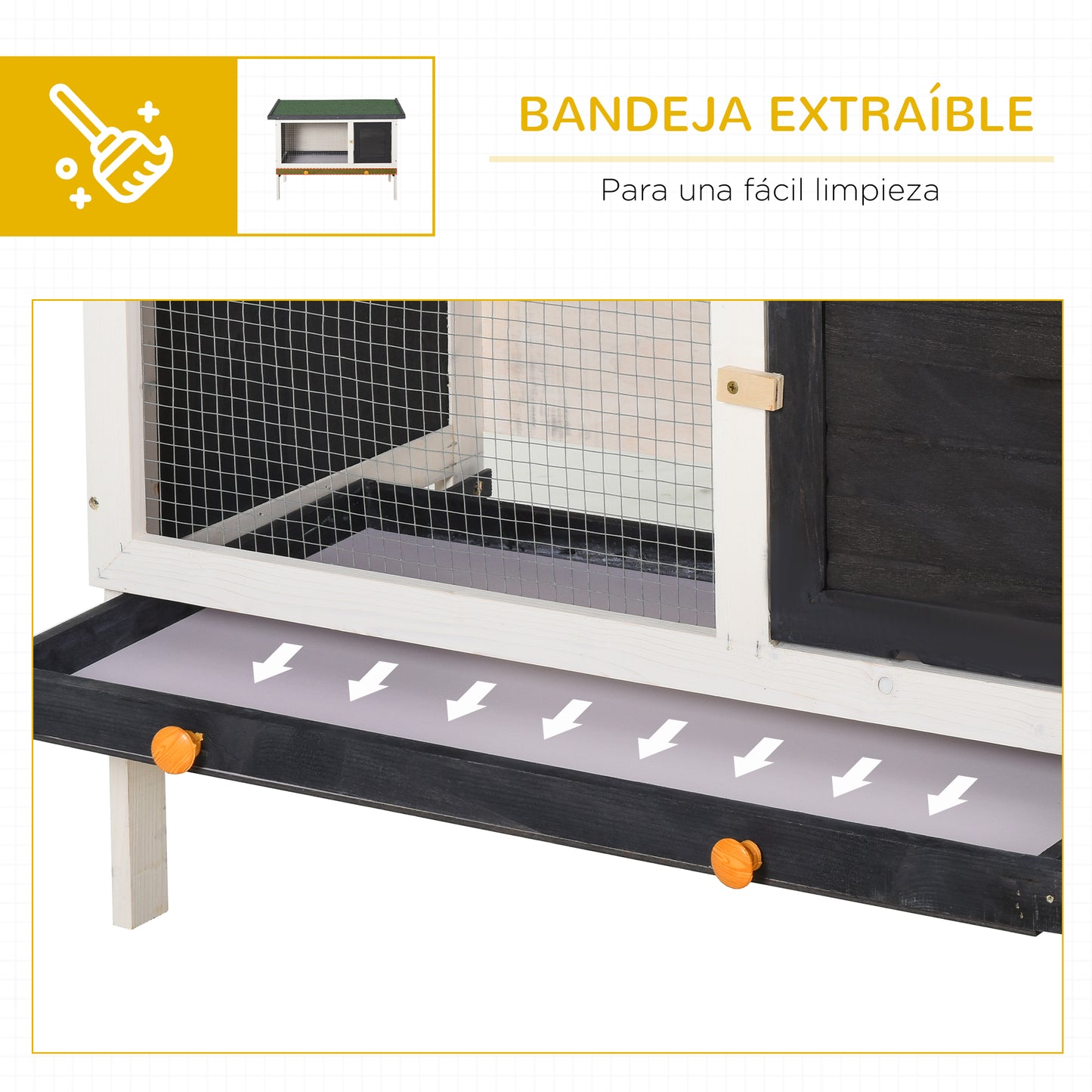 PawHut Conejera de Madera Exterior Jaula Elevada para Conejos Cobayas Animales Pequeños con Techo Asfáltico Abatible Bandejas Extraíbles y Puerta con Pestillo 90x45x65 cm Negro