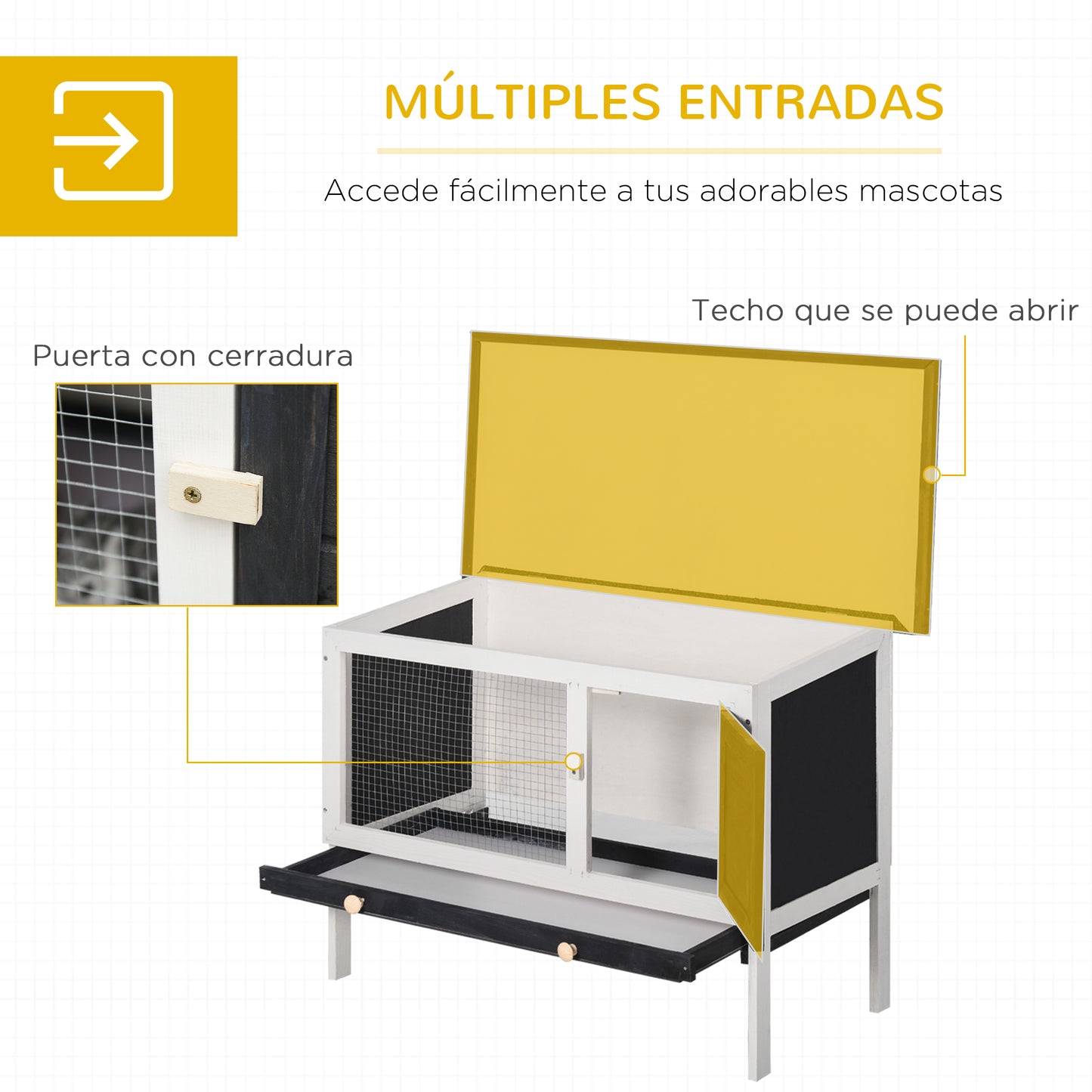 PawHut Conejera de Madera Exterior Jaula Elevada para Conejos Cobayas Animales Pequeños con Techo Asfáltico Abatible Bandejas Extraíbles y Puerta con Pestillo 90x45x65 cm Negro