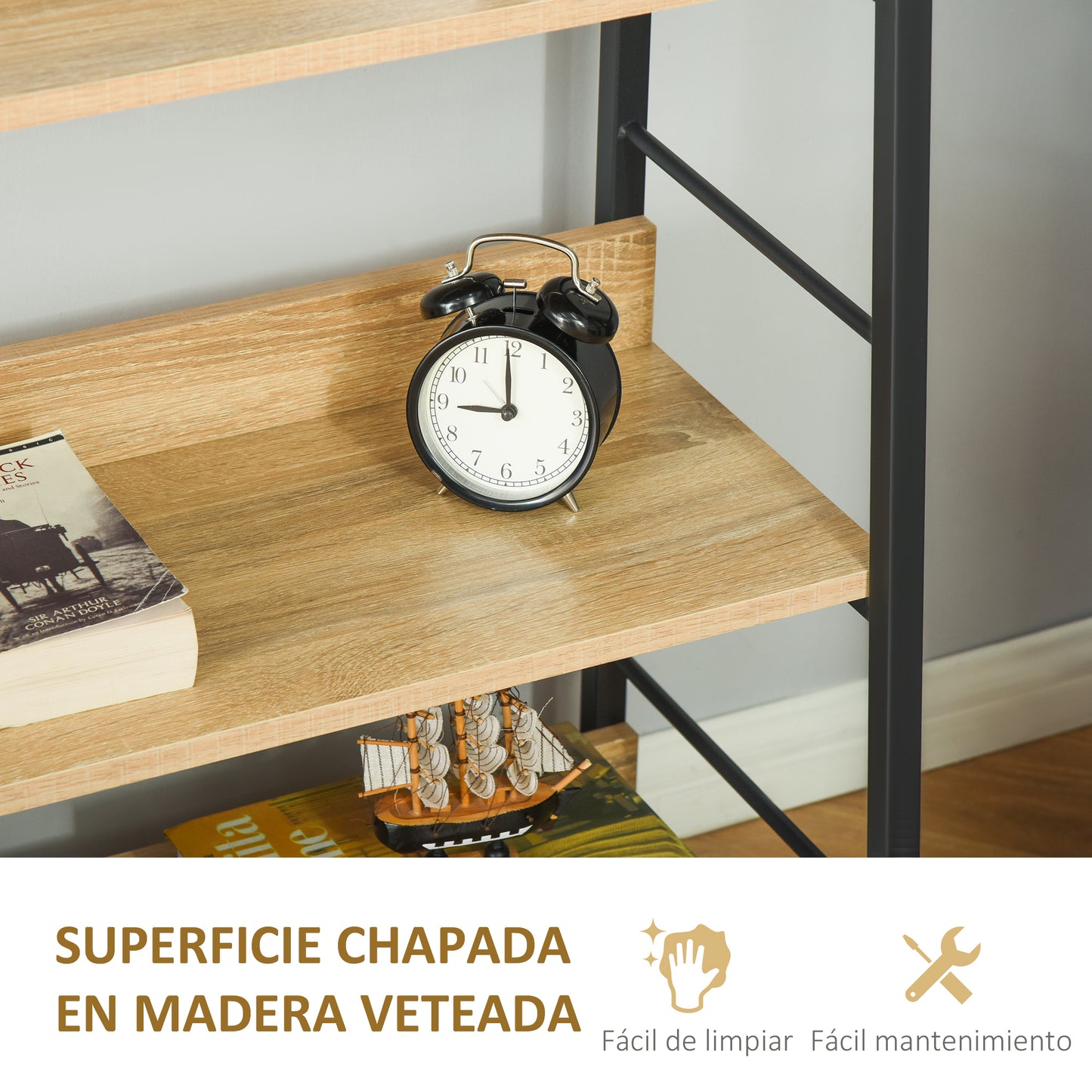 HOMCOM Estantería Librería de 5 Niveles Estantería de Salón Estantería para Libros con Marco de Metal Carga 25 kg para Oficina Estudio 70x35x149,5 cm Natural