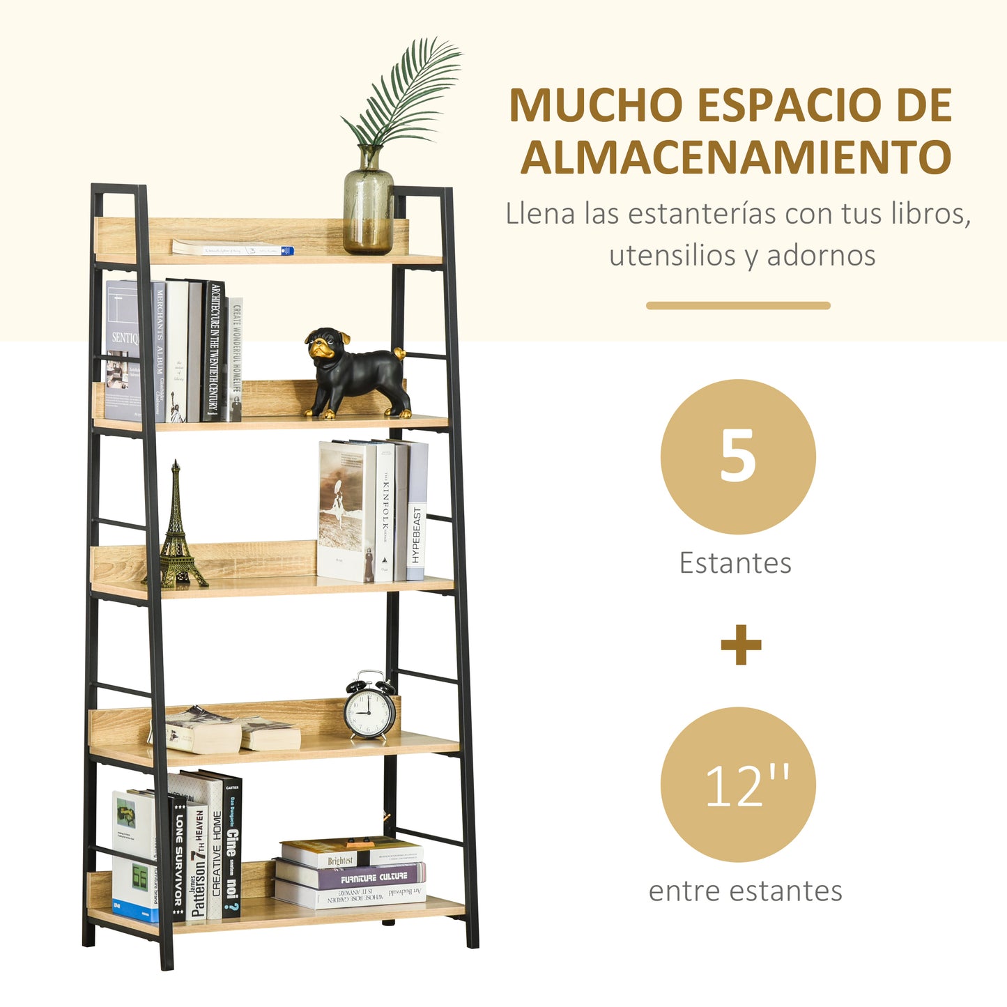 HOMCOM Estantería Librería de 5 Niveles Estantería de Salón Estantería para Libros con Marco de Metal Carga 25 kg para Oficina Estudio 70x35x149,5 cm Natural