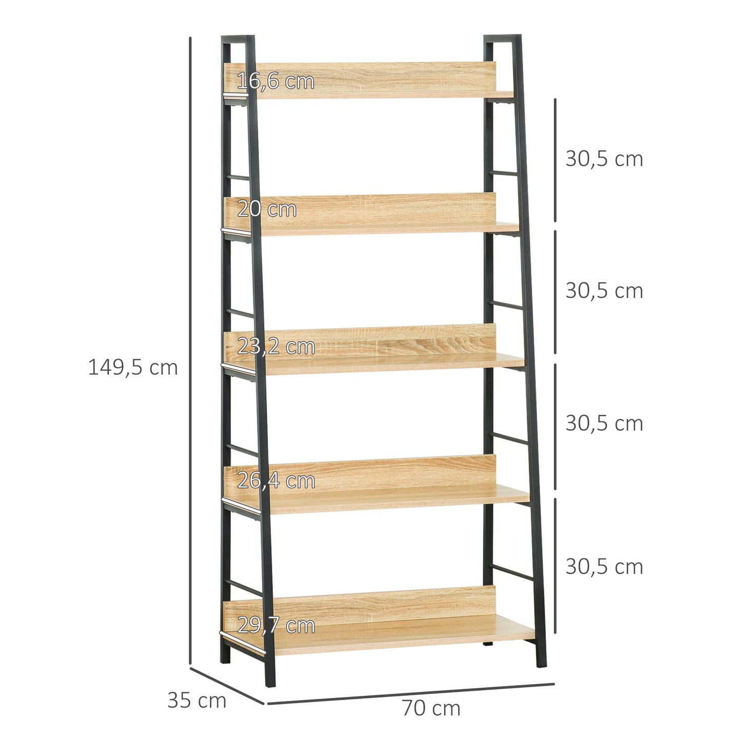 HOMCOM Estantería Librería de 5 Niveles Estantería de Salón Estantería para Libros con Marco de Metal Carga 25 kg para Oficina Estudio 70x35x149,5 cm Natural