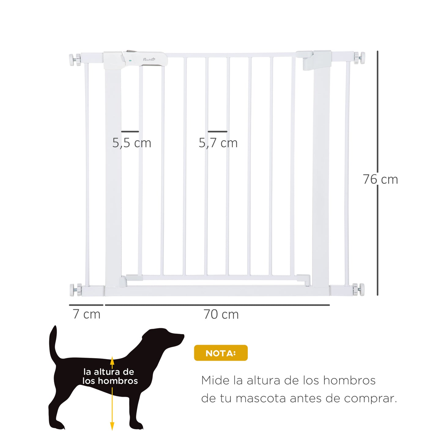 PawHut Barrera de Seguridad de Perros Extensible para Escaleras y Puertas 75-96 cm con 2 Extensiones de 7 cm Cierre Automático y Marco de Acero Altura 76 cm Blanco