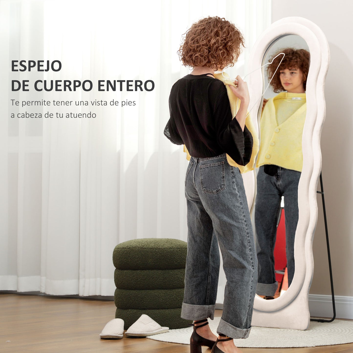 HOMCOM Espejo de Cuerpo Entero 160x50 cm Espejo de Pie o de Pared Diseño Ondulado Marco con Tela de Terciopelo para Salón Dormitorio Crema