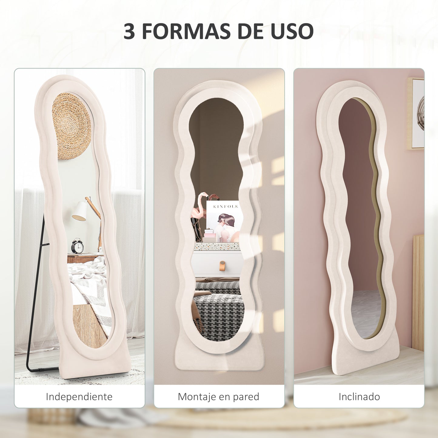 HOMCOM Espejo de Cuerpo Entero 160x50 cm Espejo de Pie o de Pared Diseño Ondulado Marco con Tela de Terciopelo para Salón Dormitorio Crema