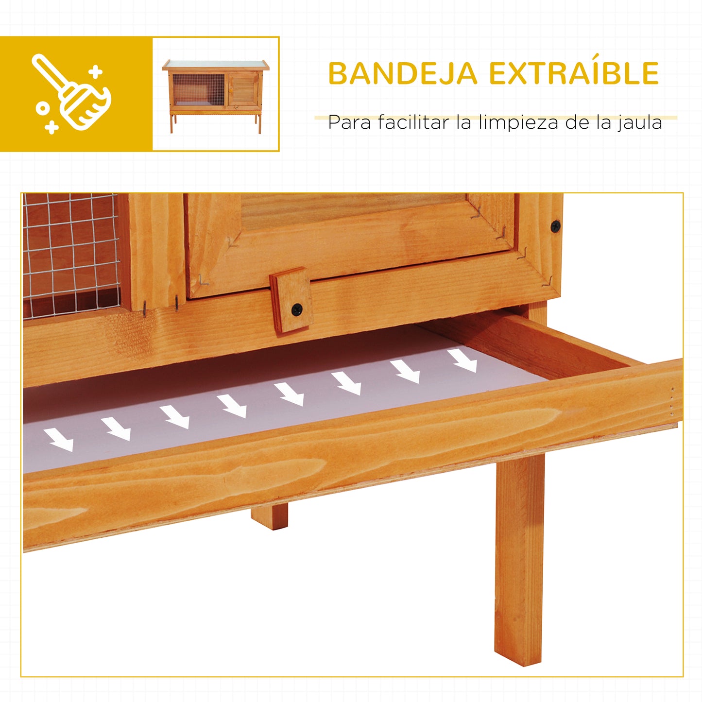 PawHut Casa para Conejos Exterior Conejera Grande de Patas Elevadas con Bandeja Extraíble Fácil de Limpiar Estable Buena Ventilación 90x45x65cm Color Madera