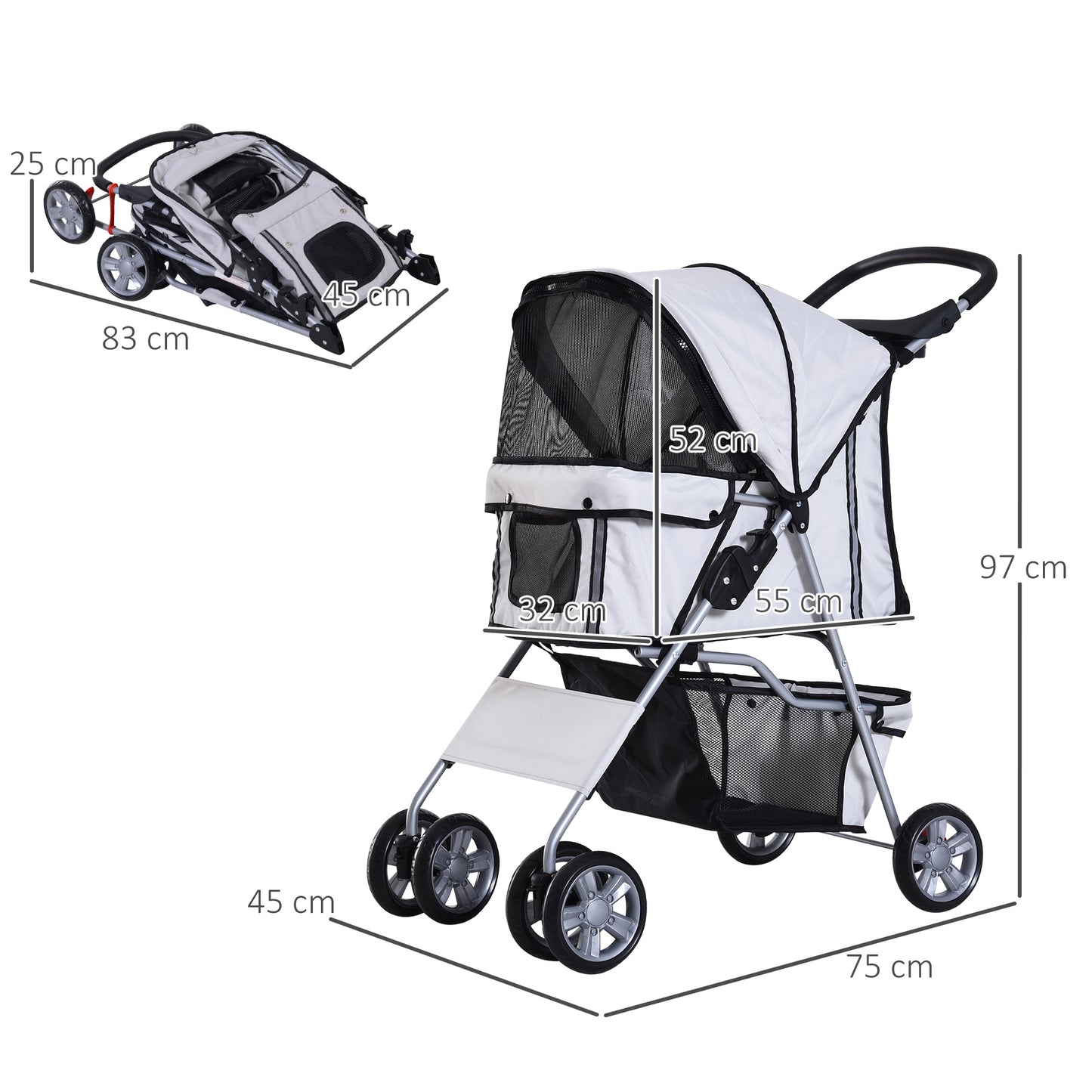 PawHut Carrito para Perros Plegable Cochecito para Mascotas Carrito para Perros Pequeños con Toldo Ajustable Cesta de Almacenaje Ventanas de Malla Portavasos y 2 Ruedas Universales 75x45x97 cm Gris