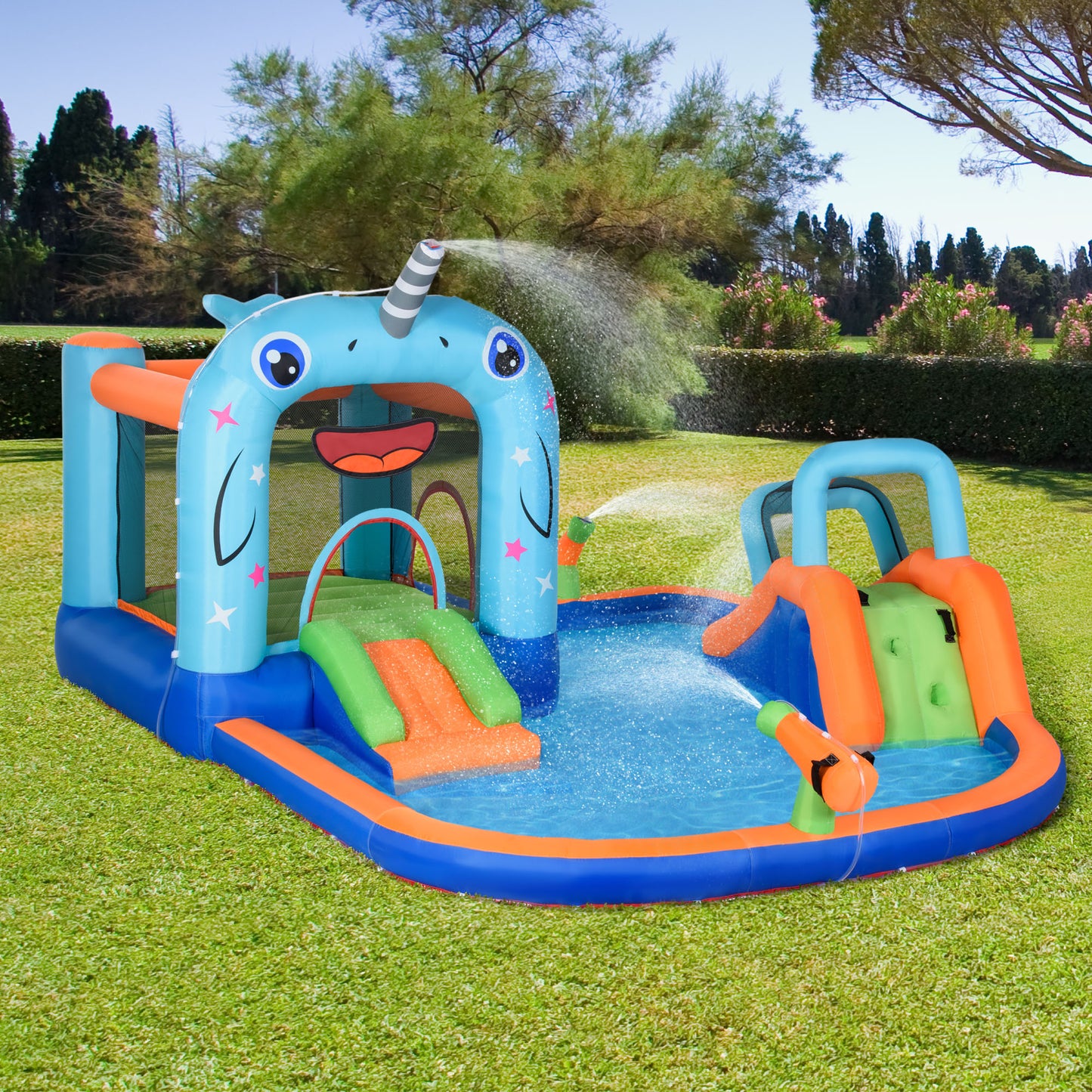 Outsunny Castillo Hinchable para Niños de 3-8 Años Castillo Inflable con Tobogán Trampolín Piscina Parque Acuático con Inflador y Bolsa de Transporte para Exterior 420x370x230 cm Multicolor