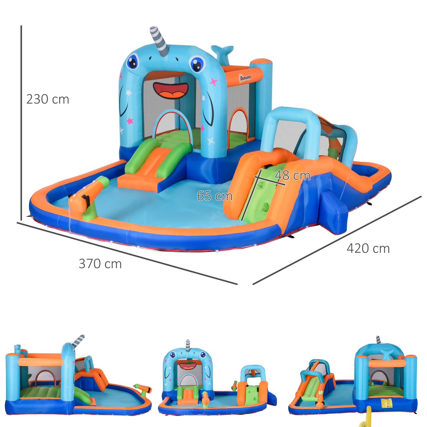 Outsunny Castillo Hinchable para Niños de 3-8 Años Castillo Inflable con Tobogán Trampolín Piscina Parque Acuático con Inflador y Bolsa de Transporte para Exterior 420x370x230 cm Multicolor