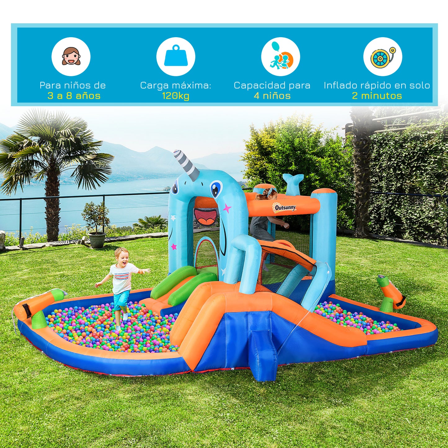 Outsunny Castillo Hinchable para Niños de 3-8 Años Castillo Inflable con Tobogán Trampolín Piscina Parque Acuático con Inflador y Bolsa de Transporte para Exterior 420x370x230 cm Multicolor