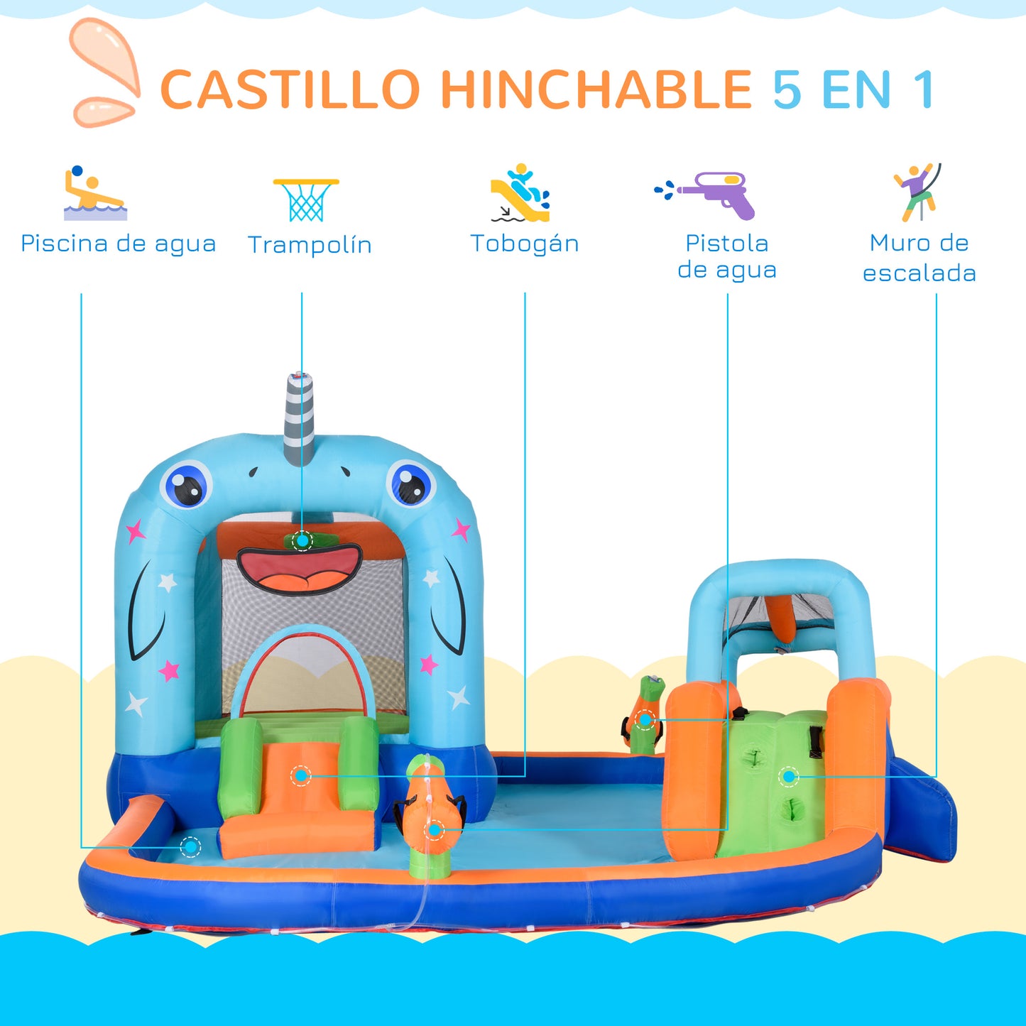 Outsunny Castillo Hinchable para Niños de 3-8 Años Castillo Inflable con Tobogán Trampolín Piscina Parque Acuático con Inflador y Bolsa de Transporte para Exterior 420x370x230 cm Multicolor