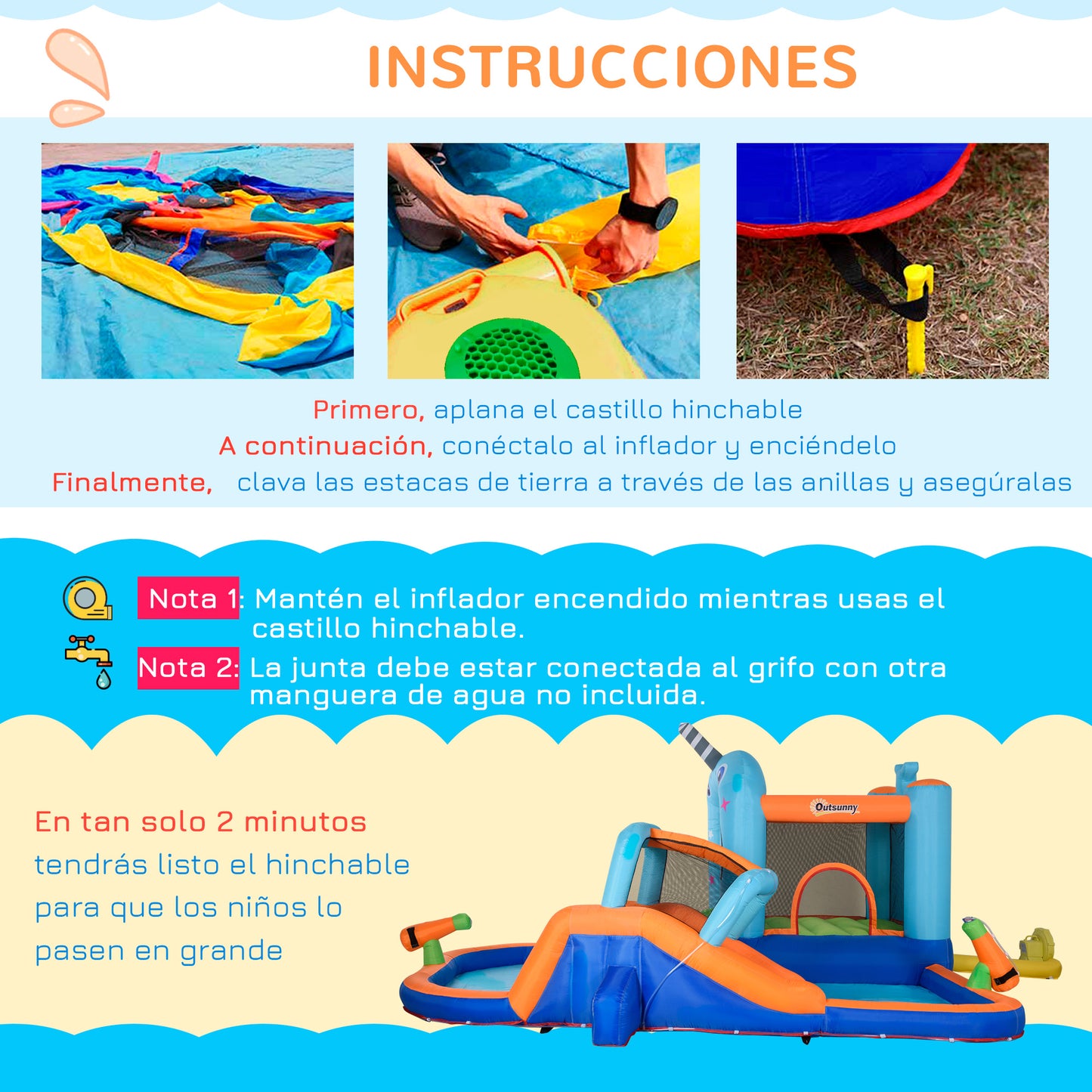 Outsunny Castillo Hinchable para Niños de 3-8 Años Castillo Inflable con Tobogán Trampolín Piscina Parque Acuático con Inflador y Bolsa de Transporte para Exterior 420x370x230 cm Multicolor